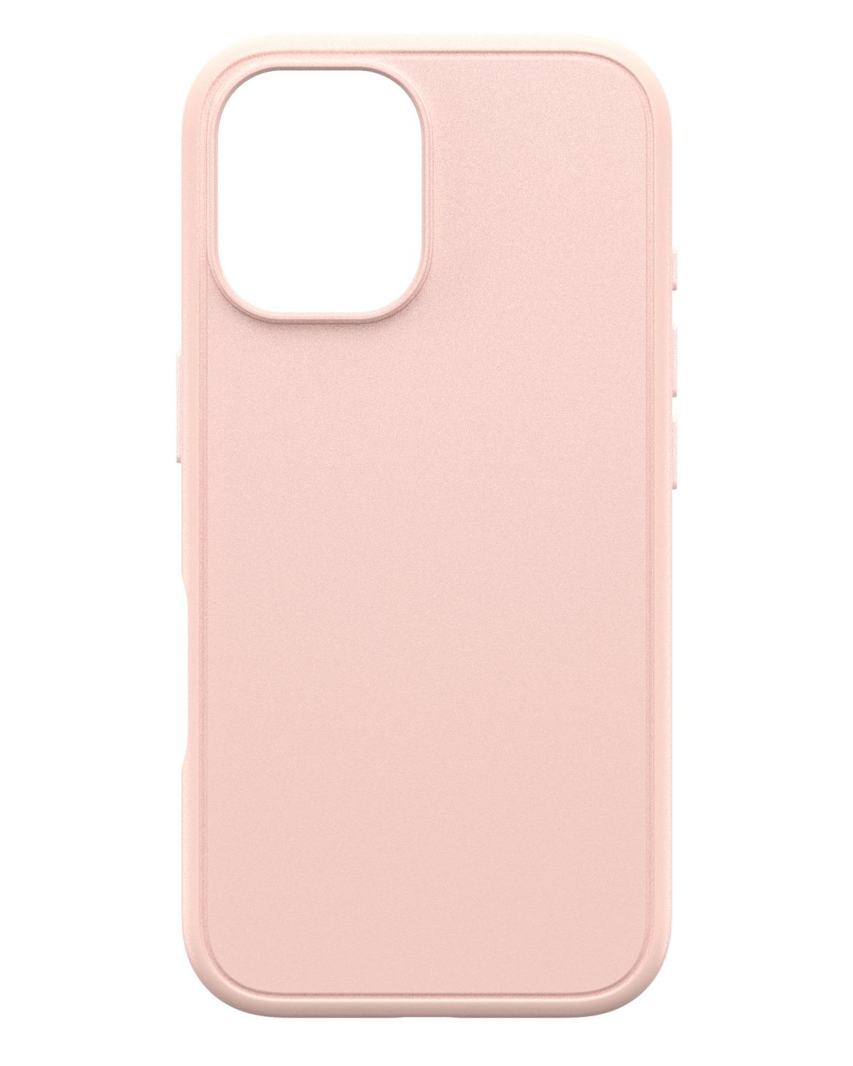 Roze telefoonhoesje met camera-uitsparing. Lichtroze kleur. Witte achtergrond.