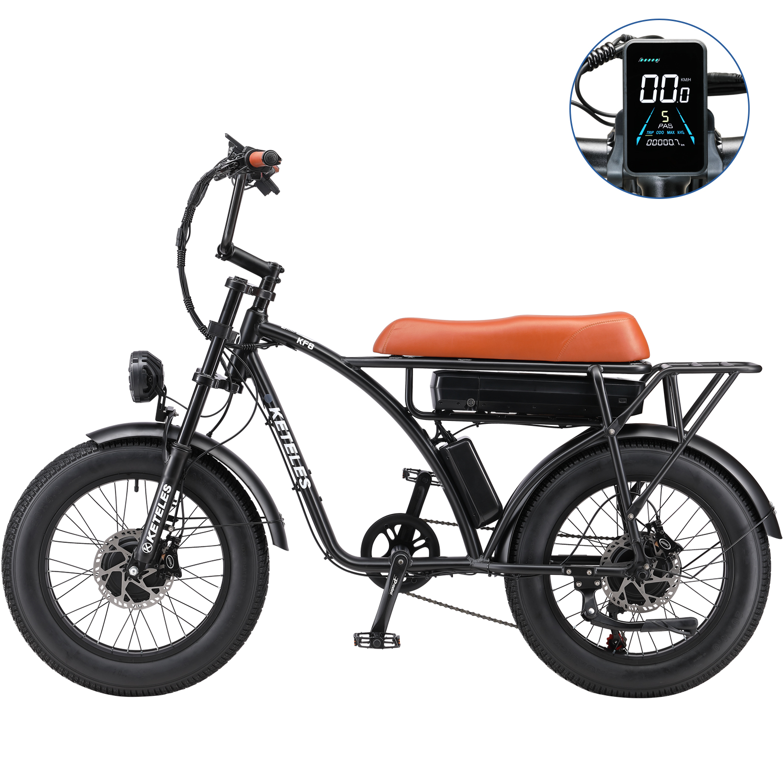 Schwarzes Elektrofahrrad mit braunem Sitz, schwarzen Reifen, auf weißem Hintergrund, mit Info-Anzeige.