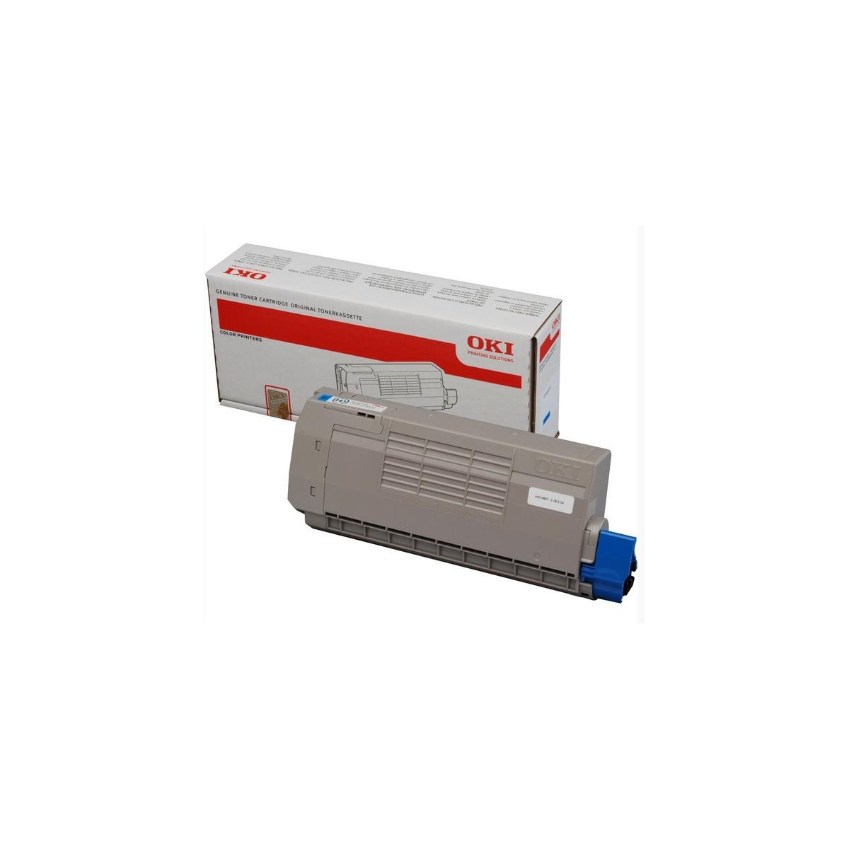 Wkład z tonerem i pudełko OKI. Szary wkład z niebieskim końcem. Białe tło.