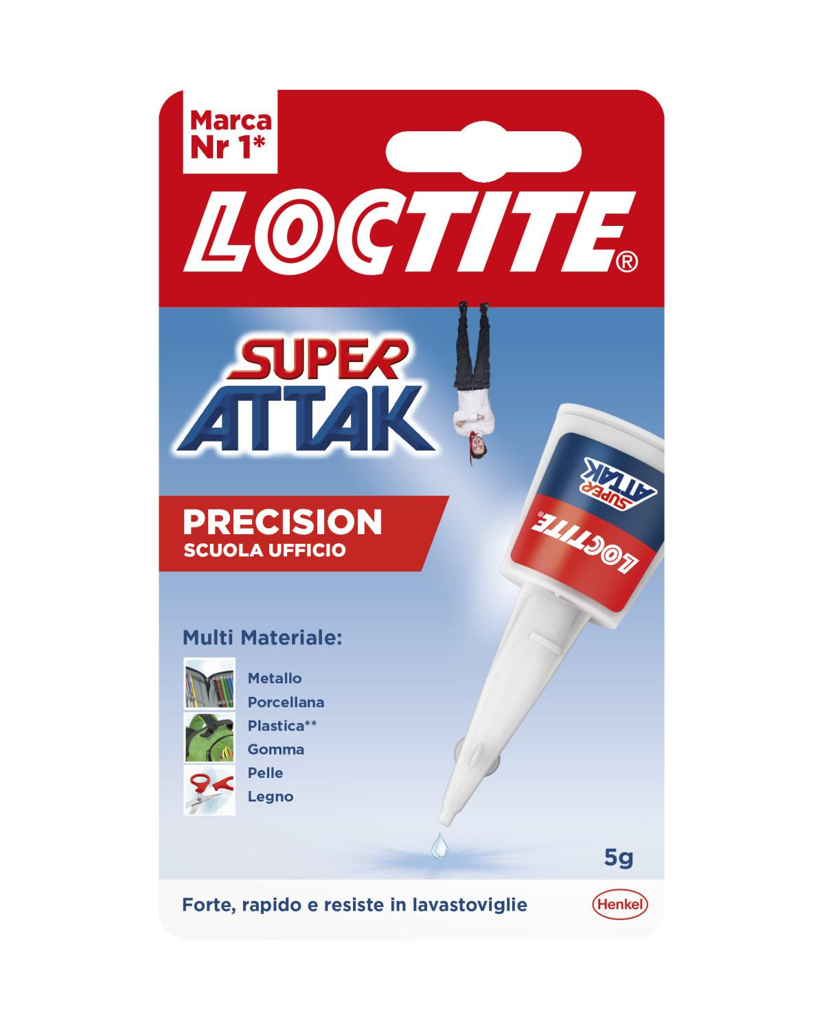 Confezione di colla Super Attak, rossa e bianca, con una persona capovolta. Contiene colla per vari materiali.