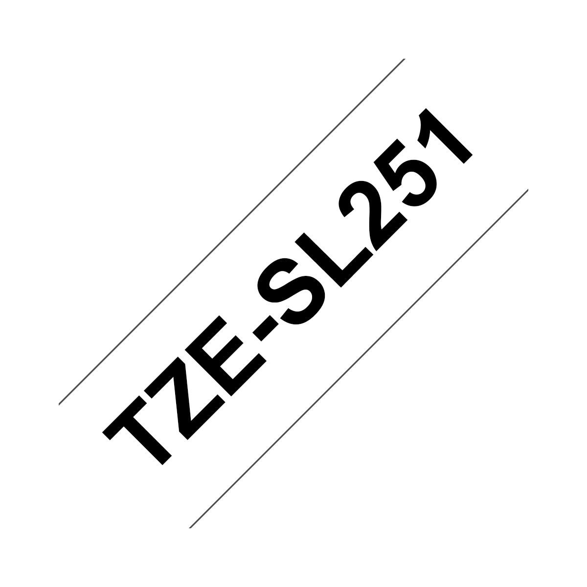 TZE-SL251 Etikettenband auf weißem Hintergrund. Schwarzer Text auf weißem Band.