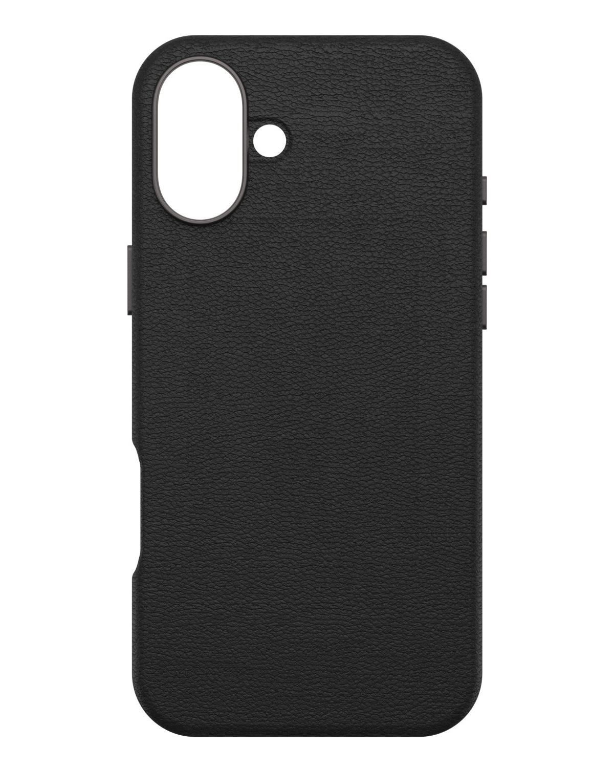 Zwarte telefoonhoes met een gestructureerde achterkant. Heeft uitsparingen voor camera en knoppen.