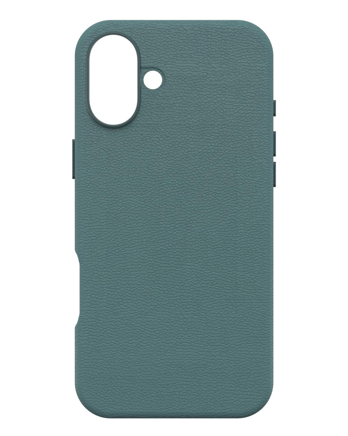 Een teal telefoonhoesje met een camera-opening en knoppen.