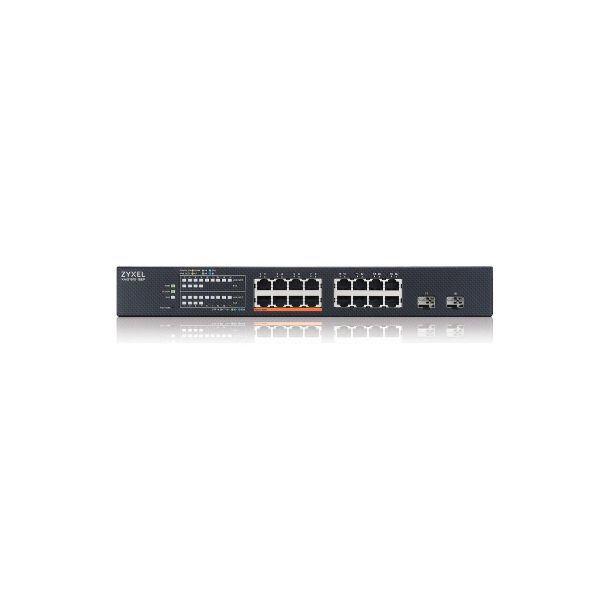 Schwarzer Zyxel Netzwerk-Switch mit mehreren Anschlüssen und Lichtern auf weißem Hintergrund. Oben befinden sich Anschlüsse.