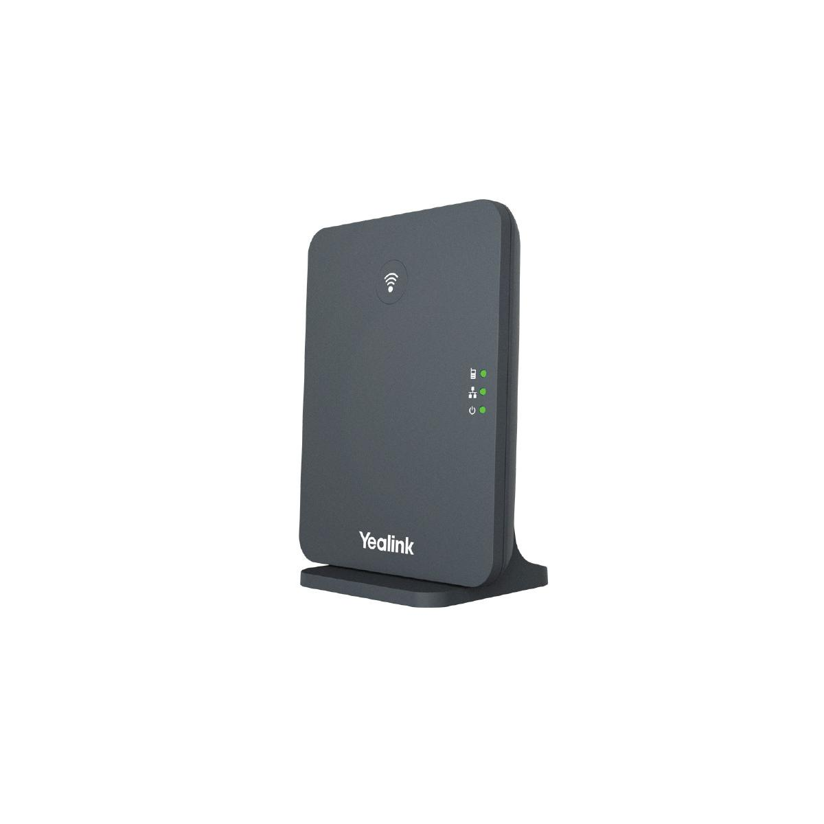 Un dispositivo Yealink grigio scuro su un supporto, con spie luminose, su sfondo bianco.