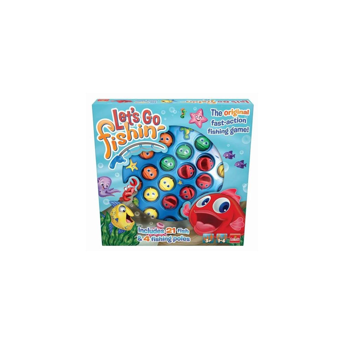Scatola del gioco di pesca con pesci e canne da pesca. C'è un pesce rosso e pesci colorati.