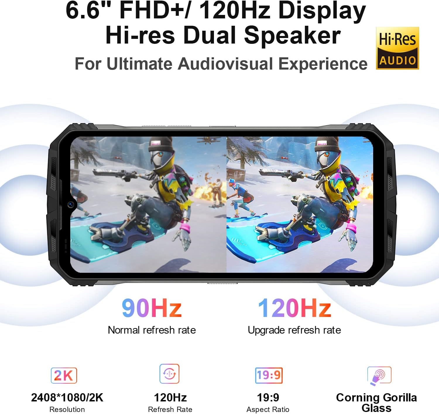 Smartphone-Bildschirm, der ein Spiel anzeigt. Text zeigt 6,6" Display, 120Hz Bildwiederholfrequenz und Hi-Res-Lautsprecher.