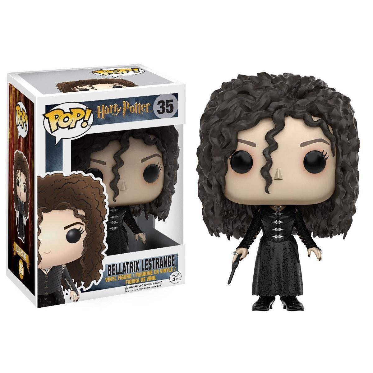 Figurka Funko Pop Bellatrix Lestrange i pudełko, białe tło.