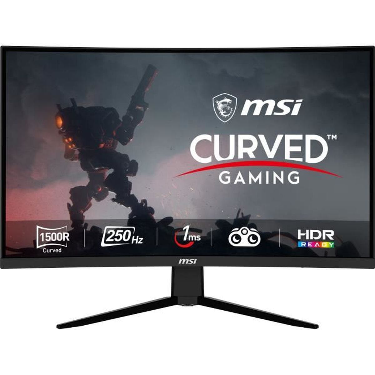Zakrzywiony monitor do gier z logo MSI i specyfikacjami takimi jak 250Hz, 1ms i HDR ready.