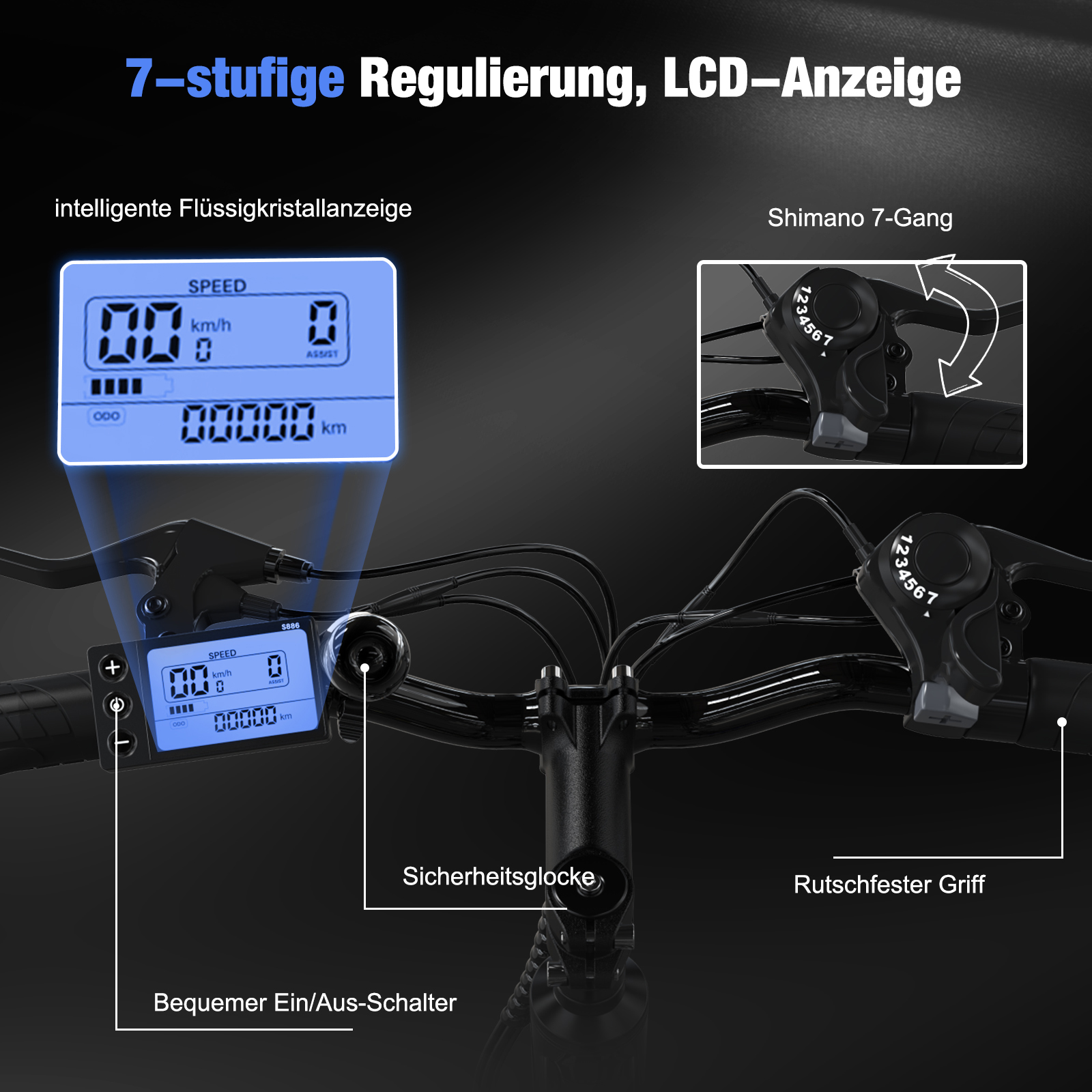 Manillar de bicicleta eléctrica con pantalla que muestra velocidad, batería. Selector de marchas Shimano visible.