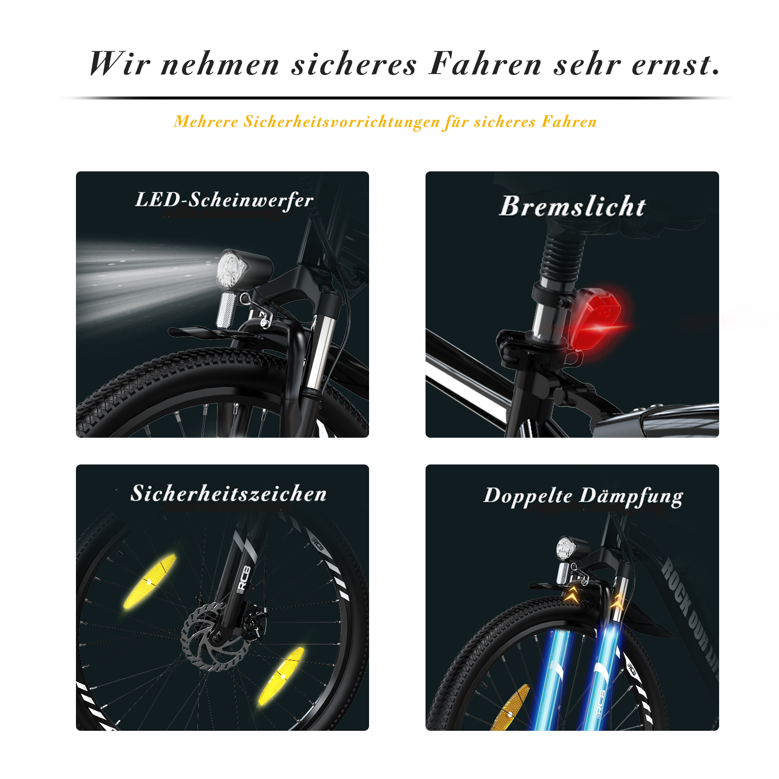Diagrama de bicicleta con características de seguridad resaltadas, incluyendo luces y reflectantes.
