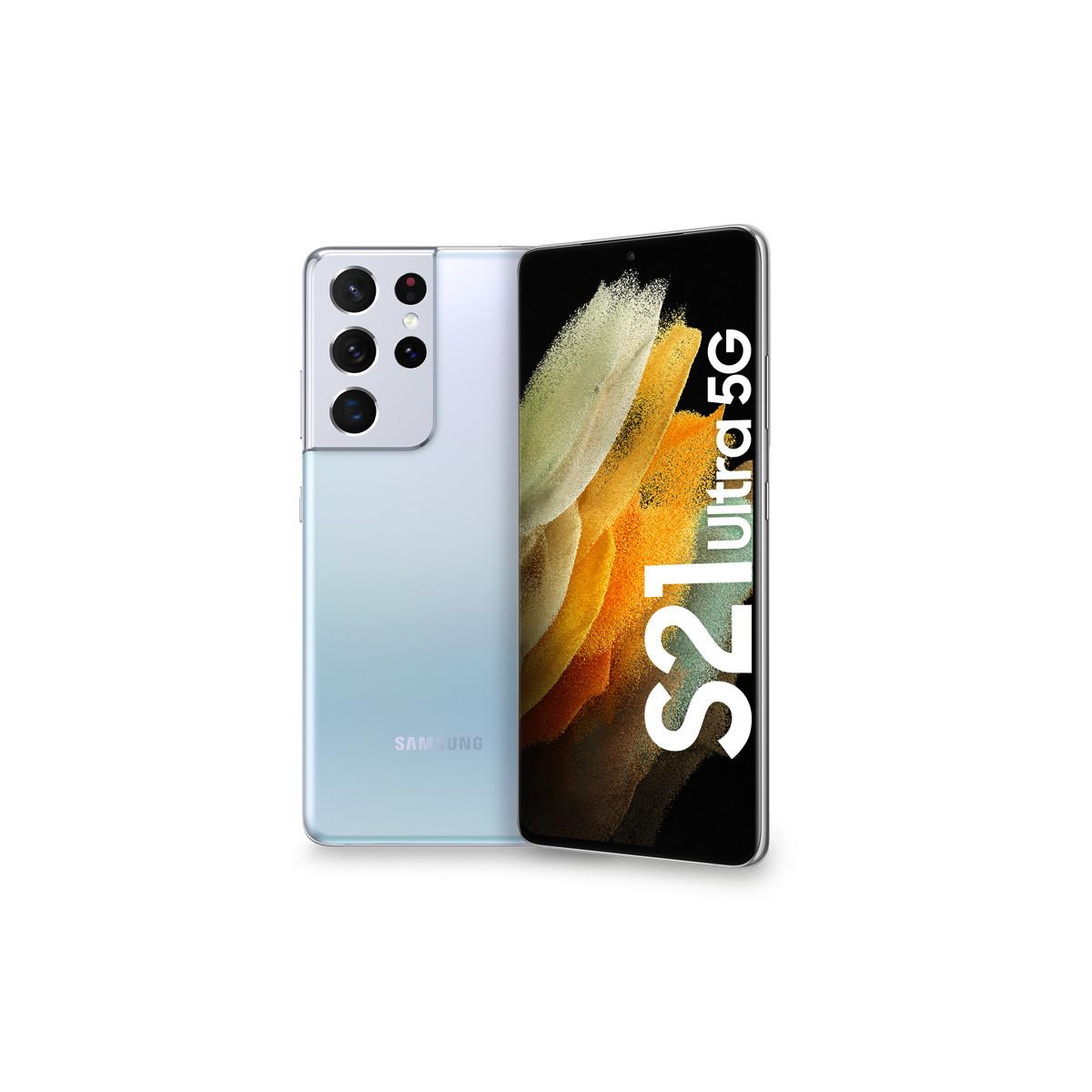 Zwei Samsung S21 Ultra 5G Handys. Eines ist hellblau, das andere schwarz, mit sichtbarem Display.
