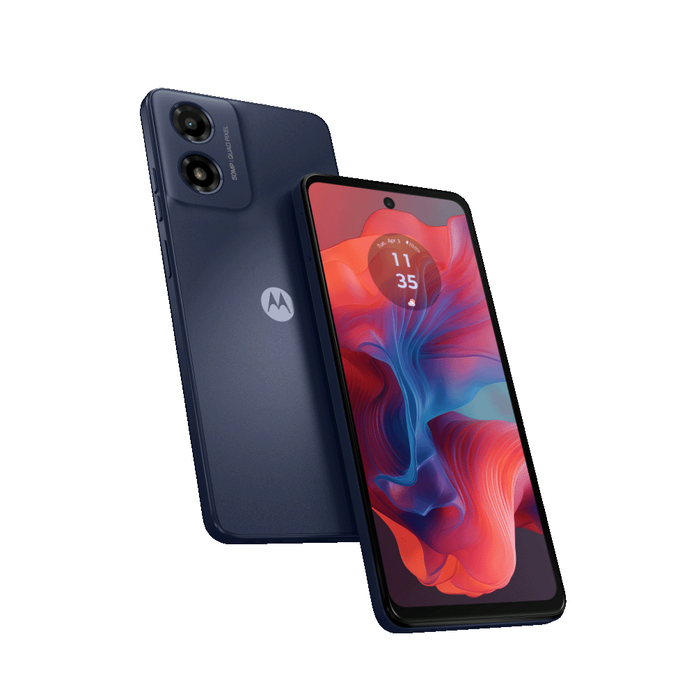 Niebieski i granatowy telefon, z dwoma aparatami i ekranem.