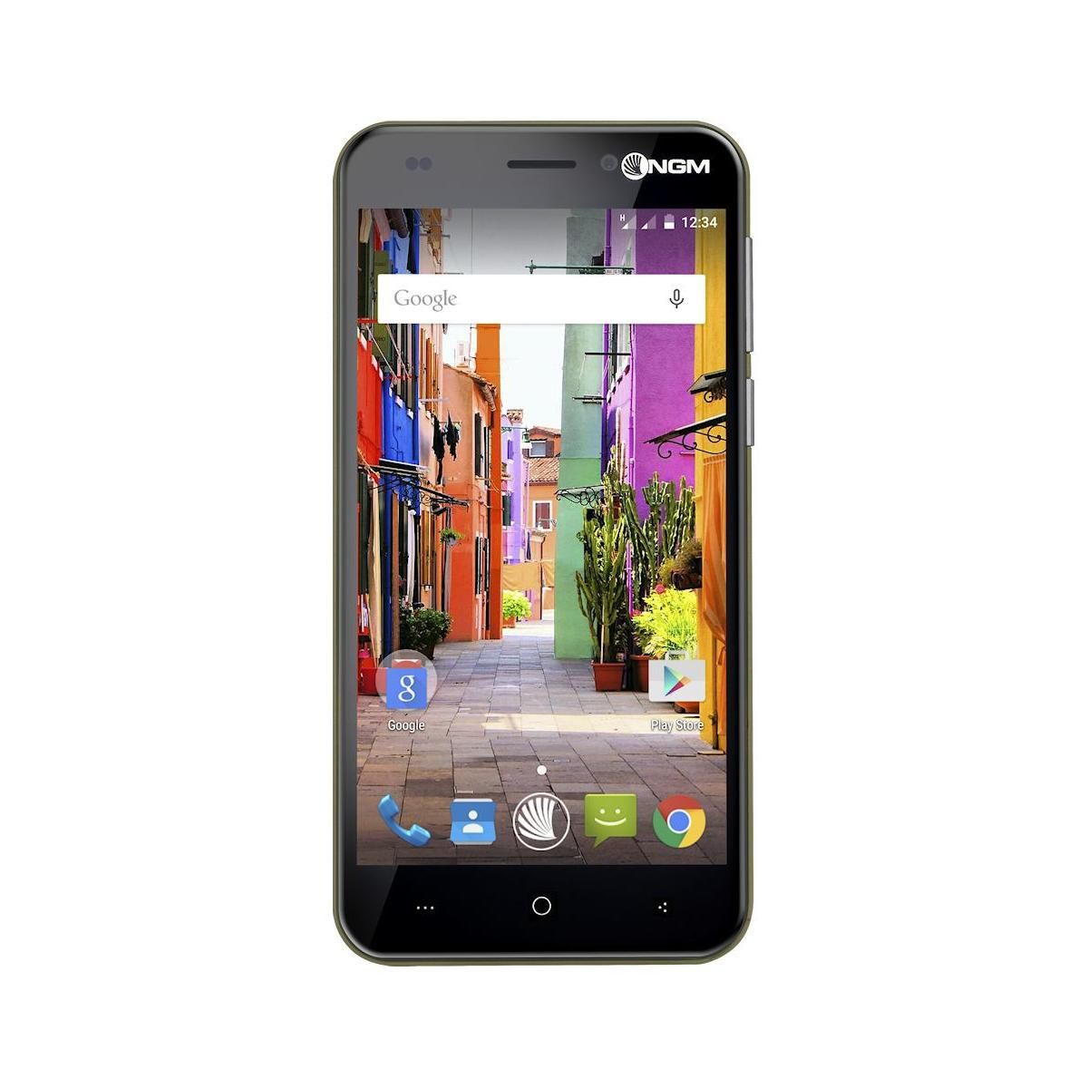 Smartphone con barra di ricerca Google sullo schermo, che mostra una scena di strada colorata.