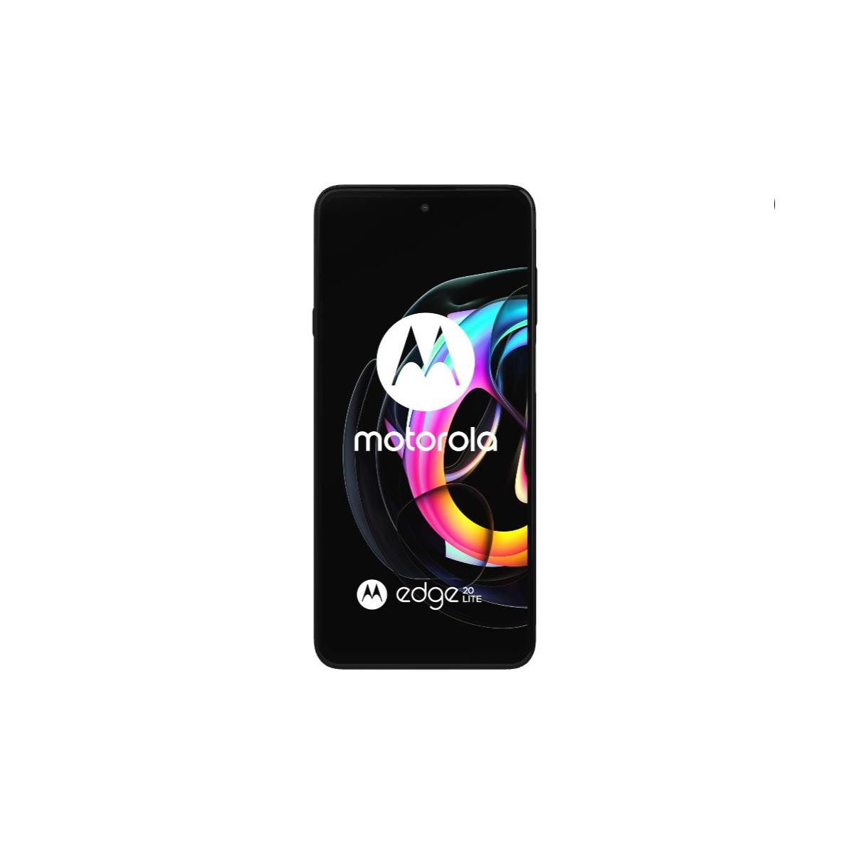 Smartfon Motorola Edge Lite. Czarny, z kolorowym wyświetlaczem. Logo Motorola pośrodku.