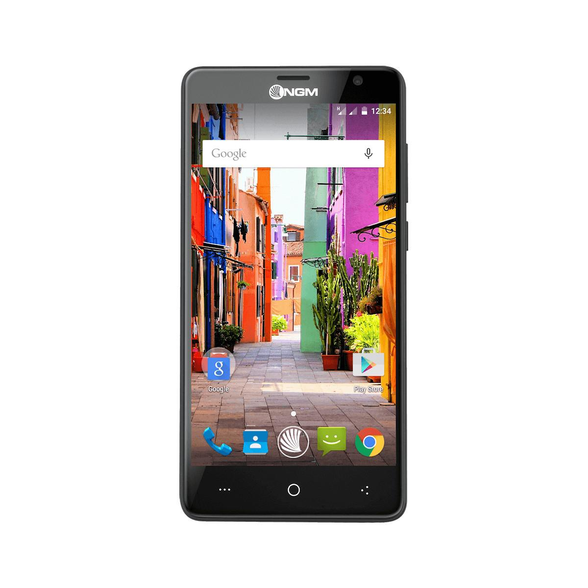 Uno smartphone nero che mostra una scena di strada colorata sullo schermo. Le icone di Google e delle app sono visibili.