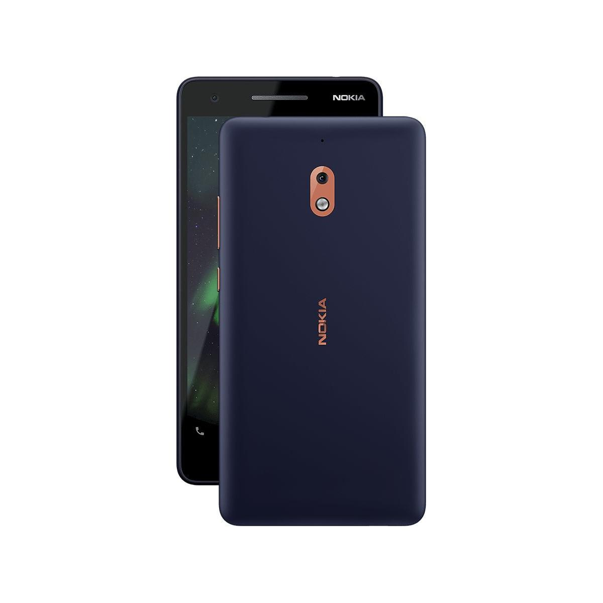 Dunkelblaues Telefon mit schwarzem Bildschirm, zwei Kameras und Logo.