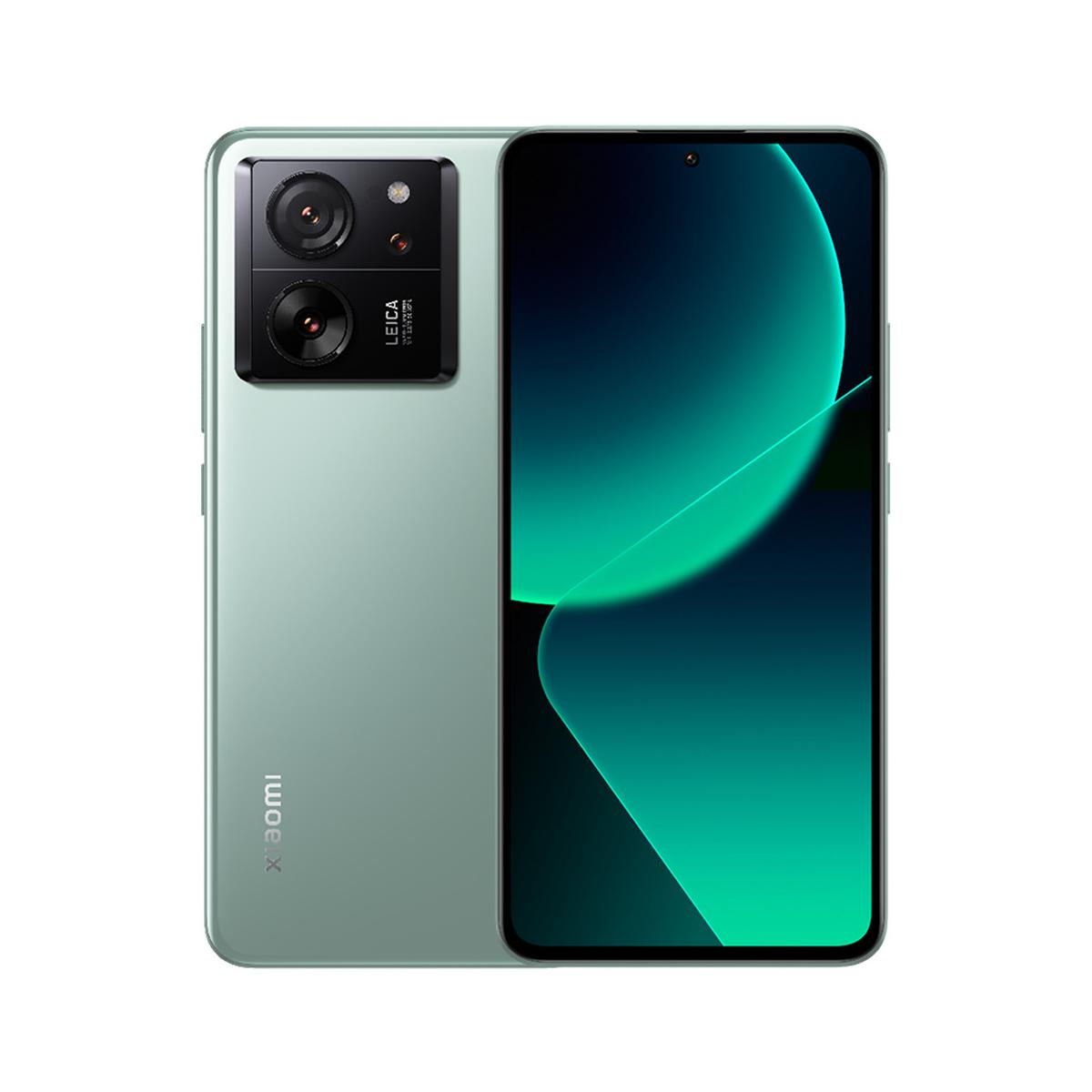 Miętowy telefon z podwójnym obiektywem aparatu i logo Leica z tyłu.