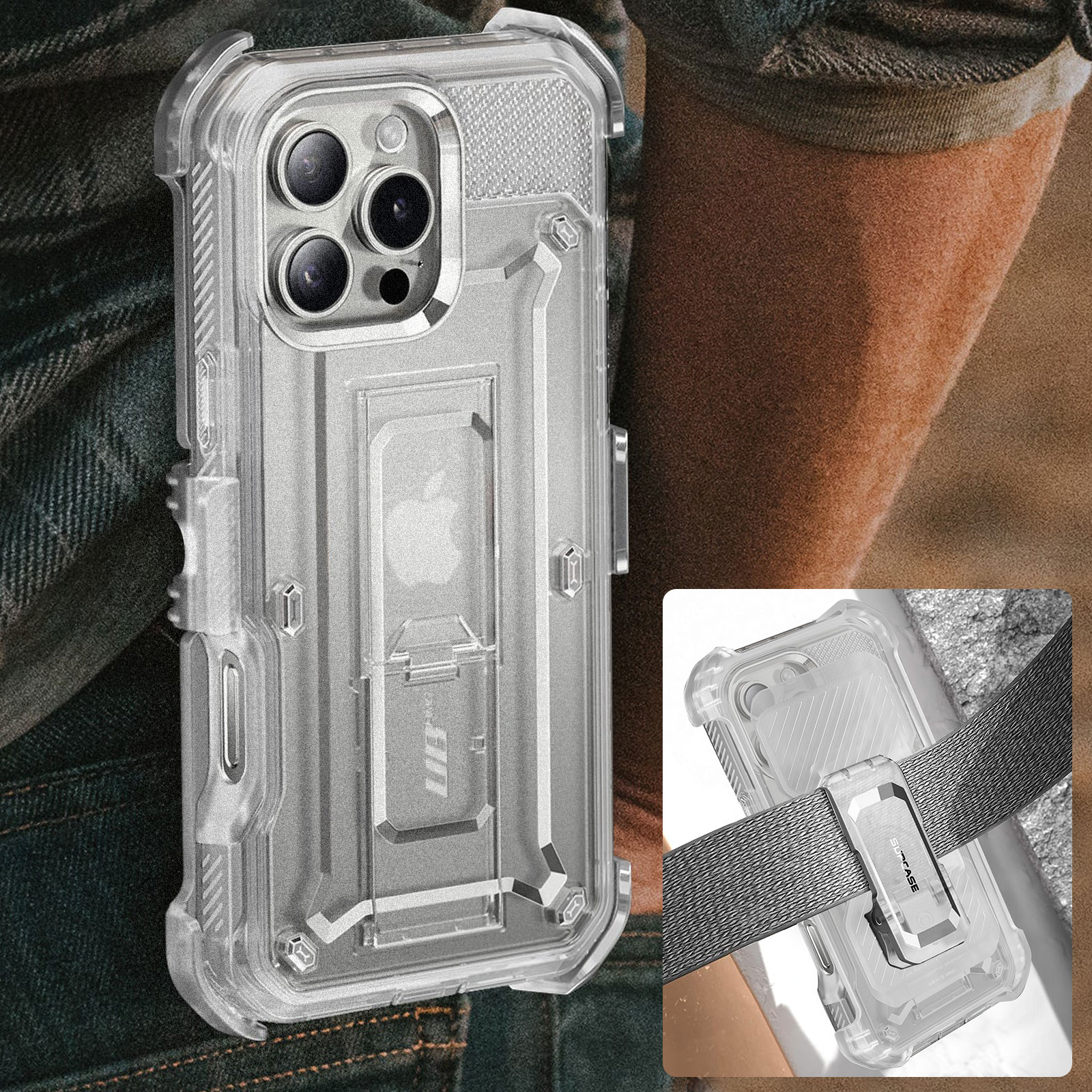 Transparente Handyhülle mit Telefon und Clip.