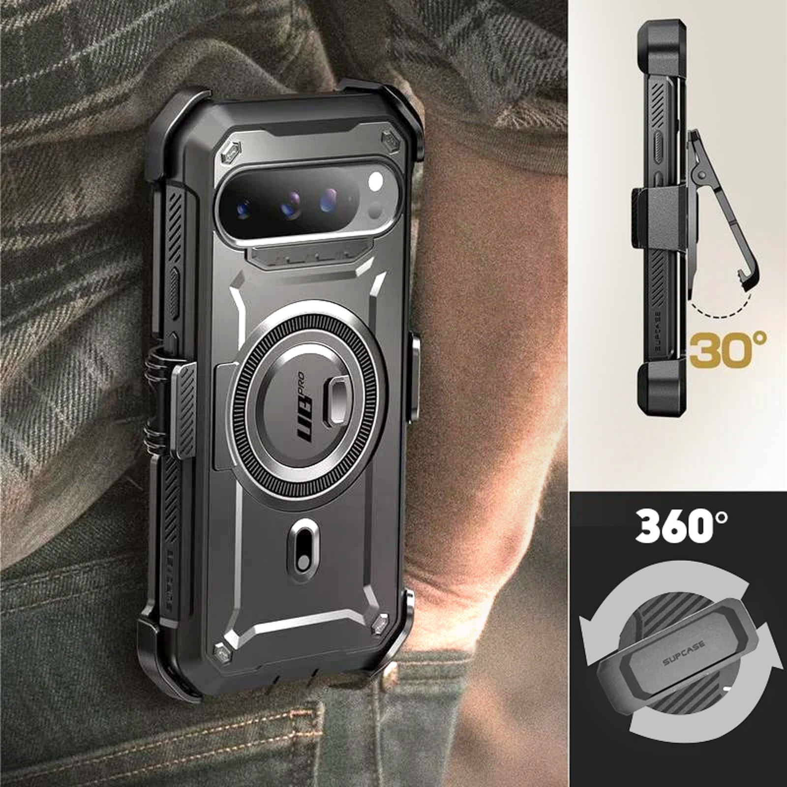Custodia per telefono con telefono attaccato a una clip da cintura. Rotazione a 360 e 30 gradi mostrata.