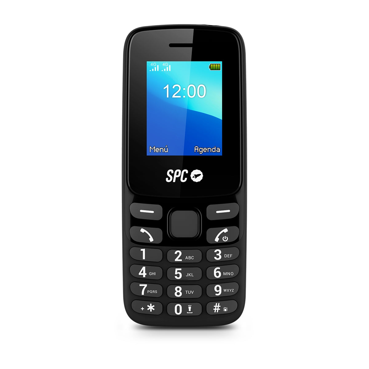 Teléfono básico negro con teclado, pantalla mostrando la hora y el logotipo de SPC.
