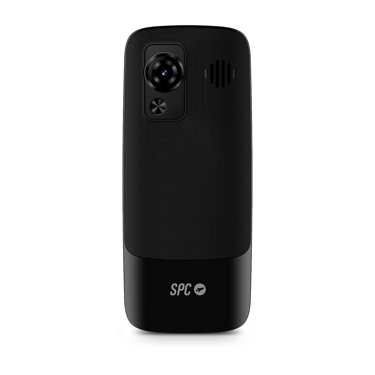 Parte trasera de un teléfono SPC negro. Cámara y altavoz en la parte superior.
