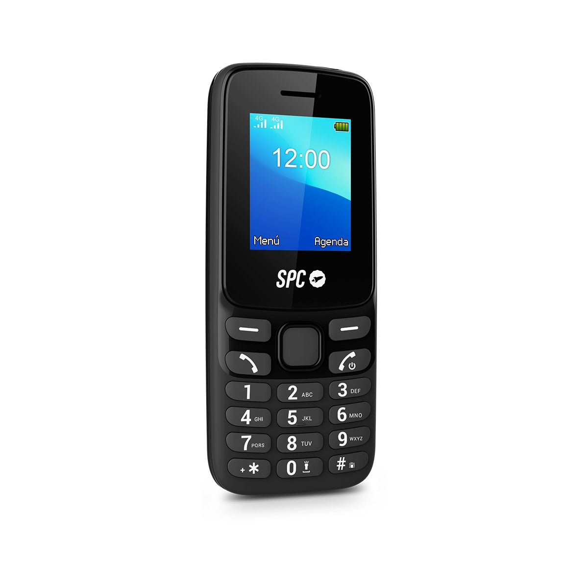 Un telefono cellulare SPC nero con uno schermo blu che mostra l'ora.