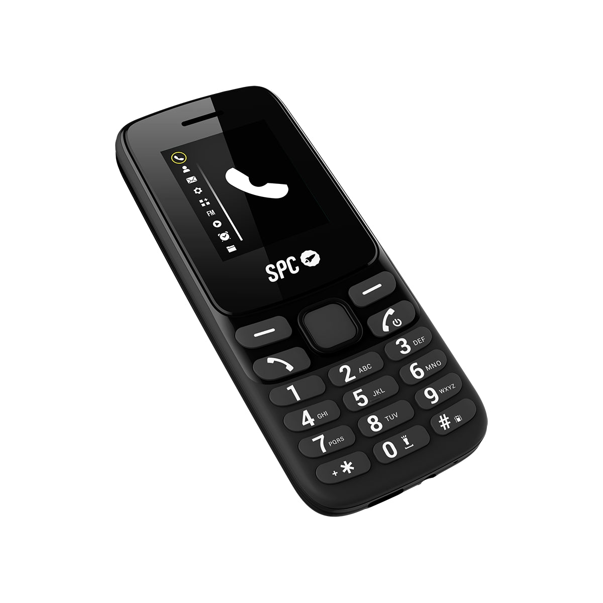 Telefono cellulare SPC nero con tasti numerici e schermo con icona di chiamata.
