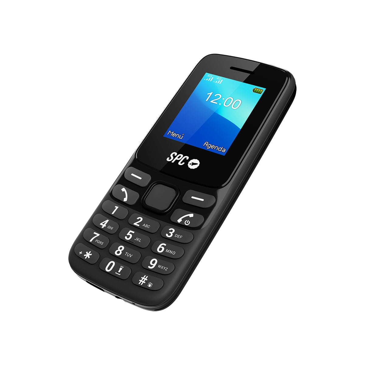 Telefono nero base con tastiera e piccolo schermo, che mostra un menu.