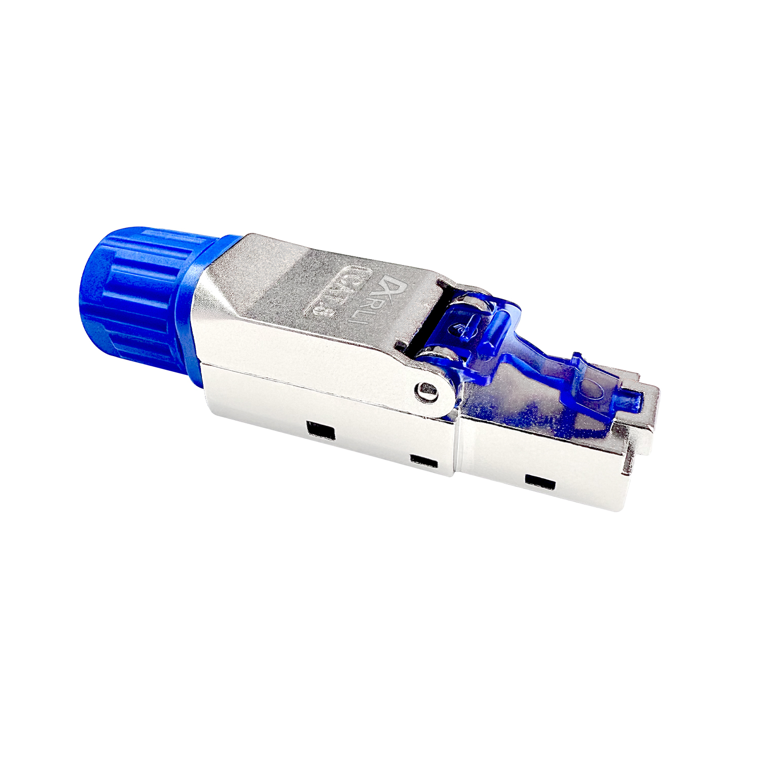 Ein blau-silberfarbener RJ45-Stecker mit blauer Kappe.