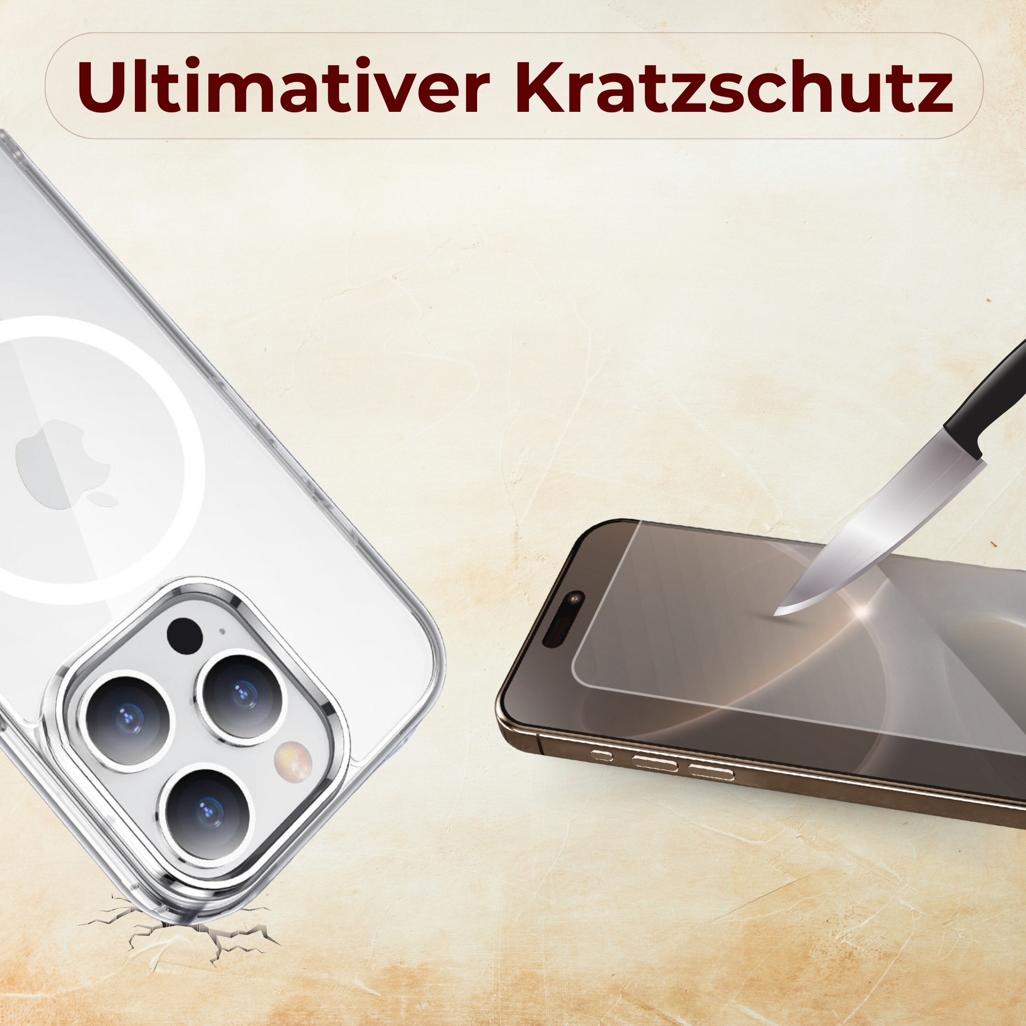 Eine transparente Handyhülle schützt ein Handy. Ein Messer schneidet auf den Bildschirm. Die Hülle liegt auf einer gerissenen Oberfläche.