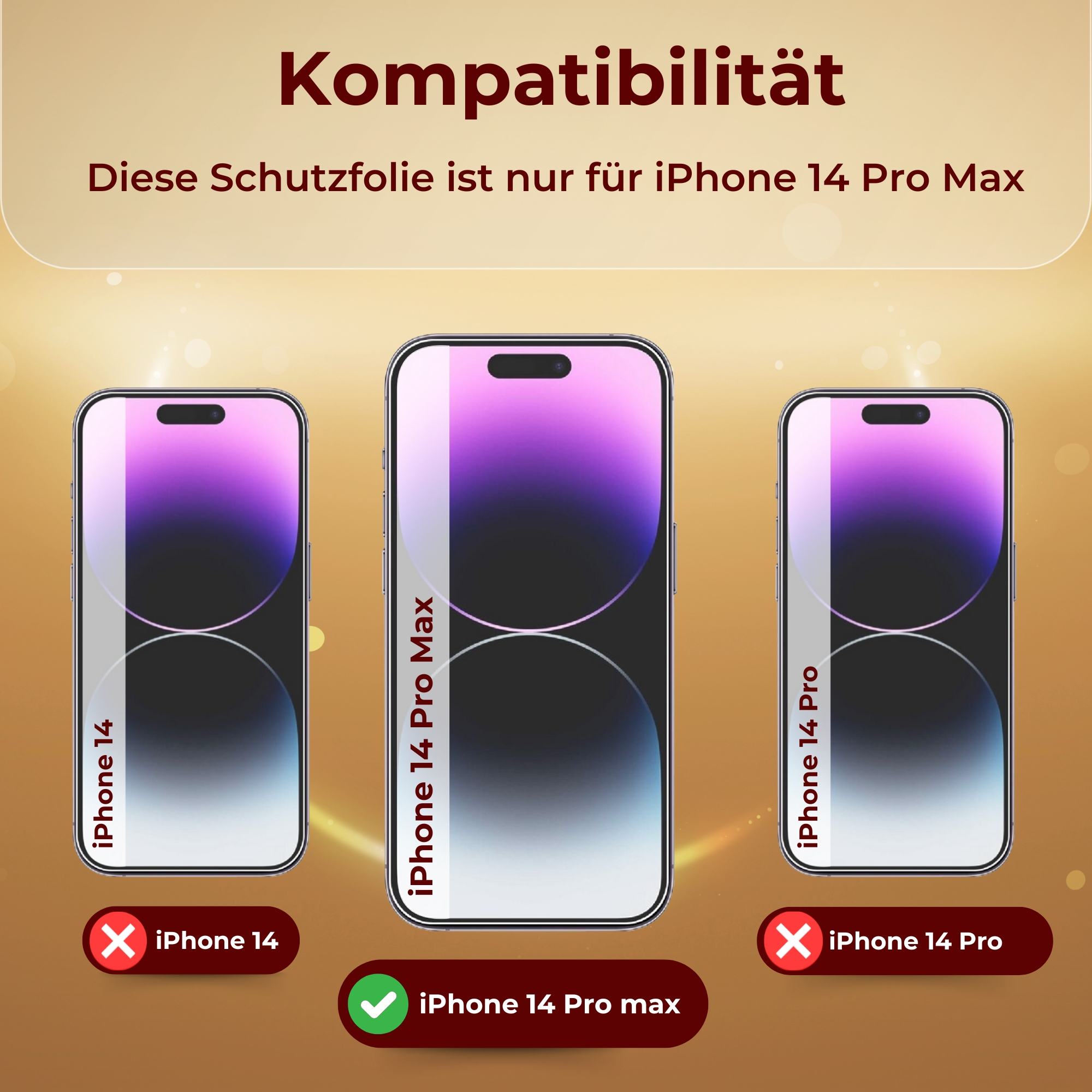 Drei iPhones, nur das iPhone 14 Pro Max ist korrekt. Die anderen sind mit einem roten X markiert.