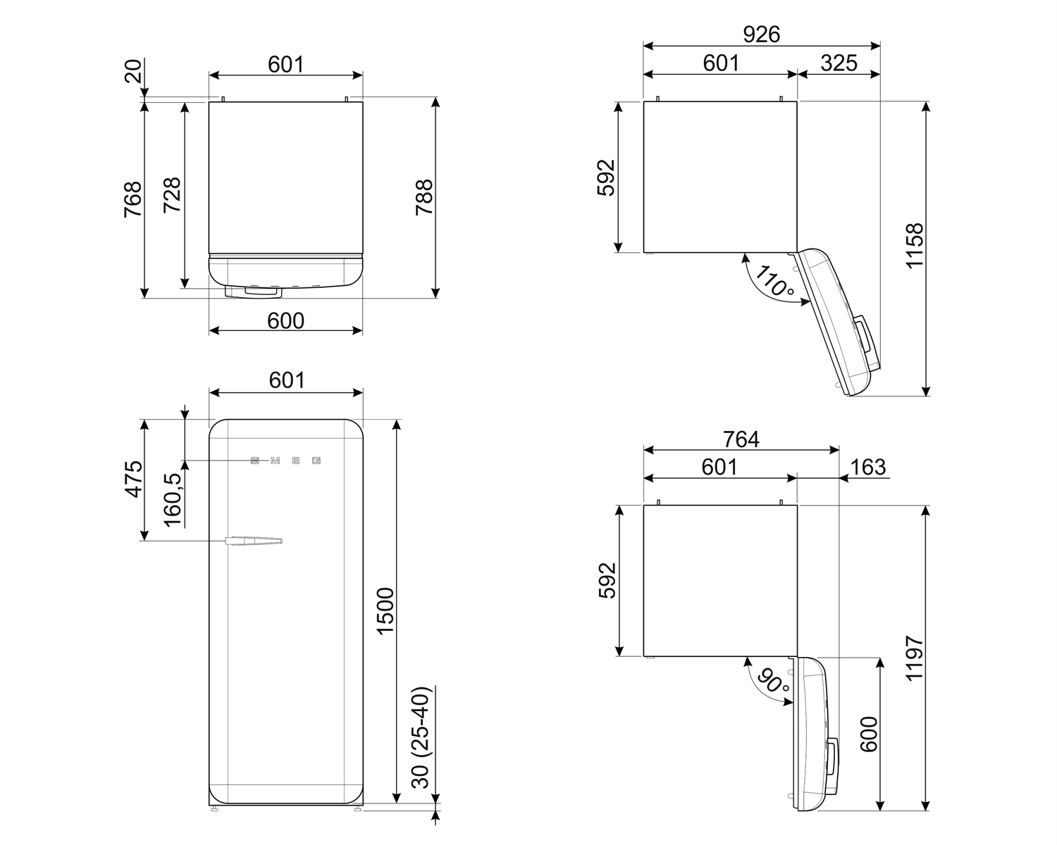 Schema di un frigorifero con dimensioni in millimetri. Mostra viste frontali, laterali e dall'alto.