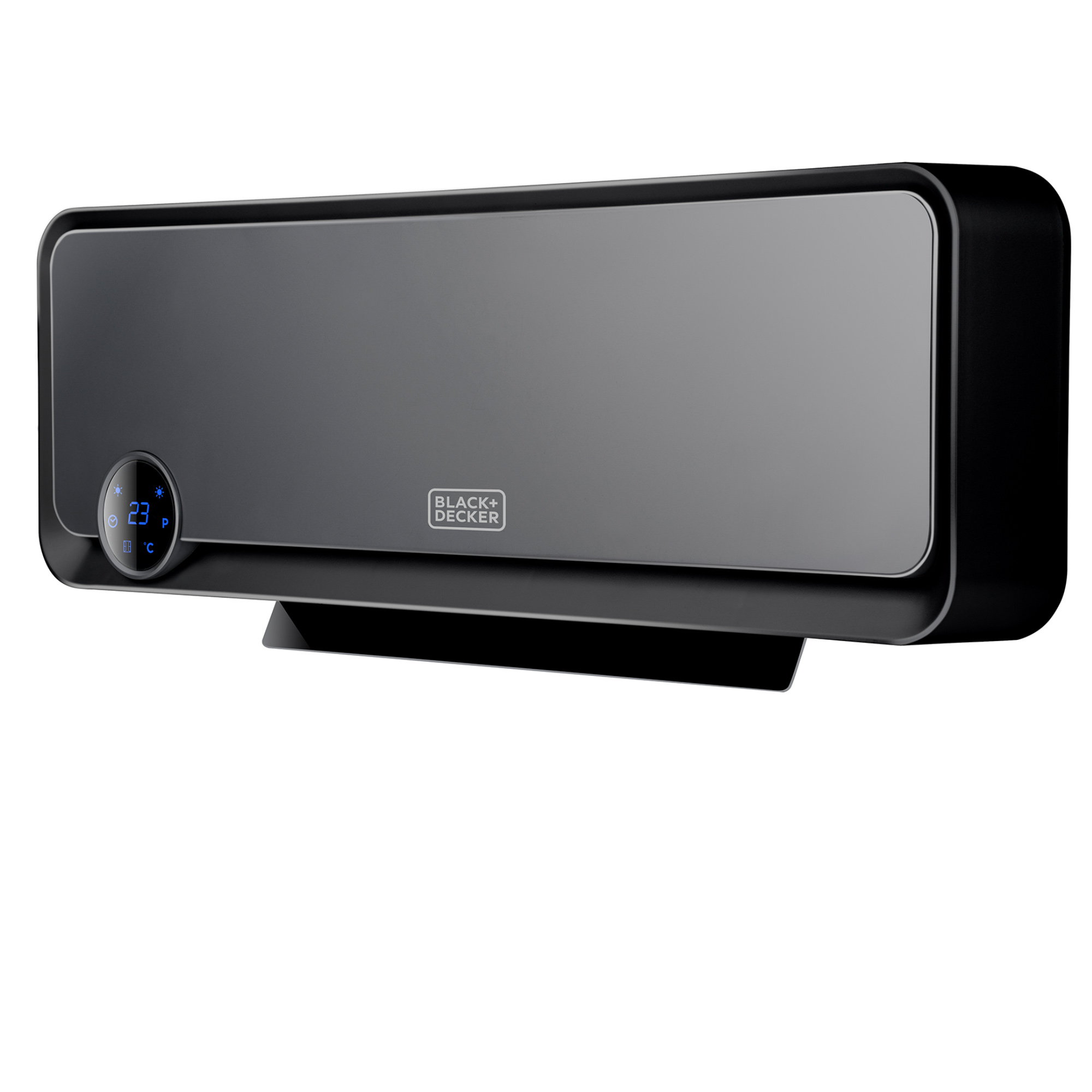 Grzejnik ścienny Black and Decker. Posiada wyświetlacz cyfrowy i czarne wykończenie.