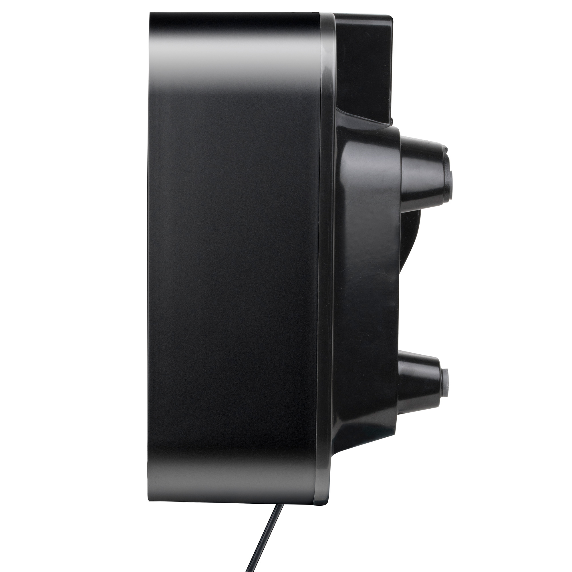 Czarny głośnik o prostym designie, widok z boku, na białym tle.