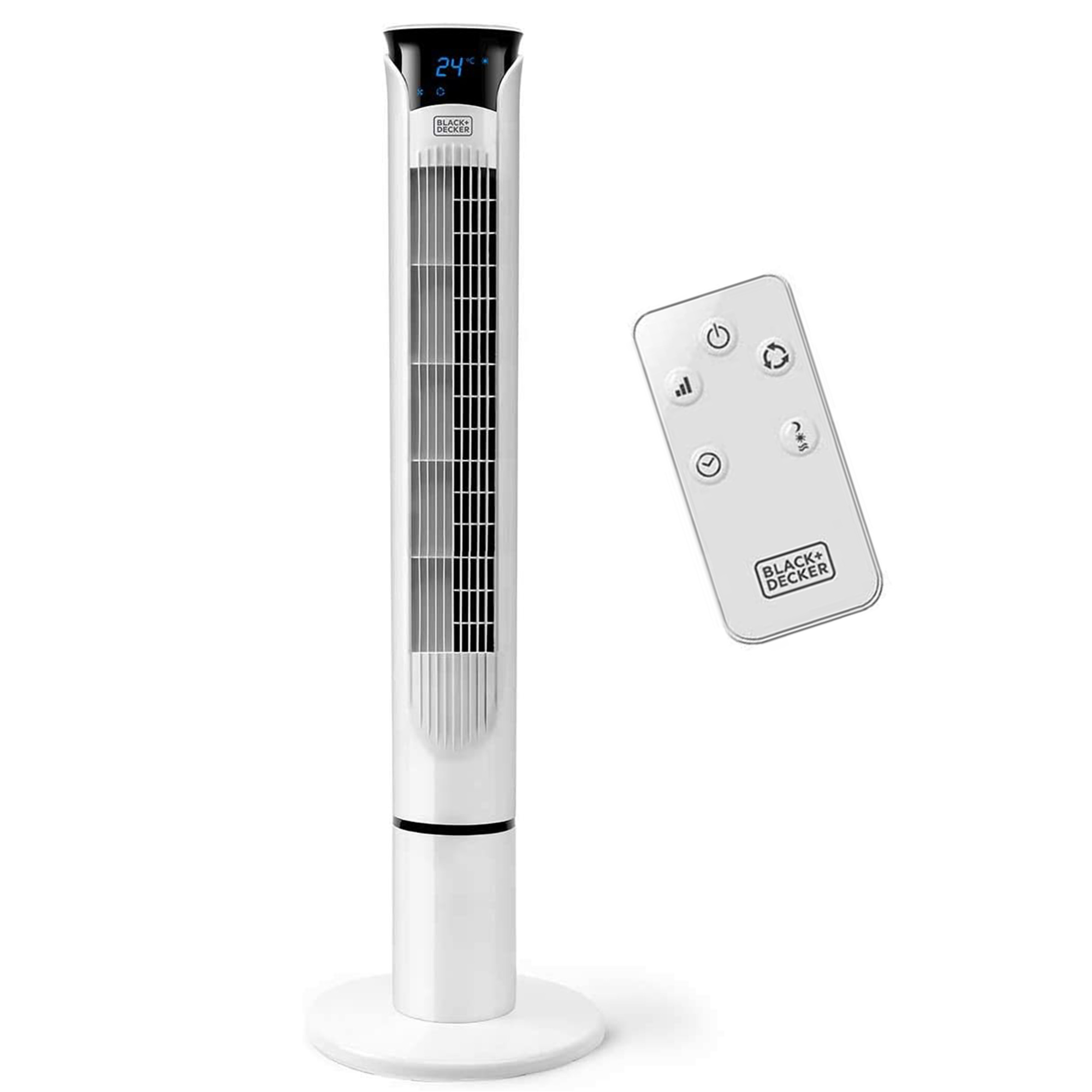 Weißer Turmventilator mit Fernbedienung. Schlankes Design, vertikale Schlitze. Fernbedienung mit Knöpfen.