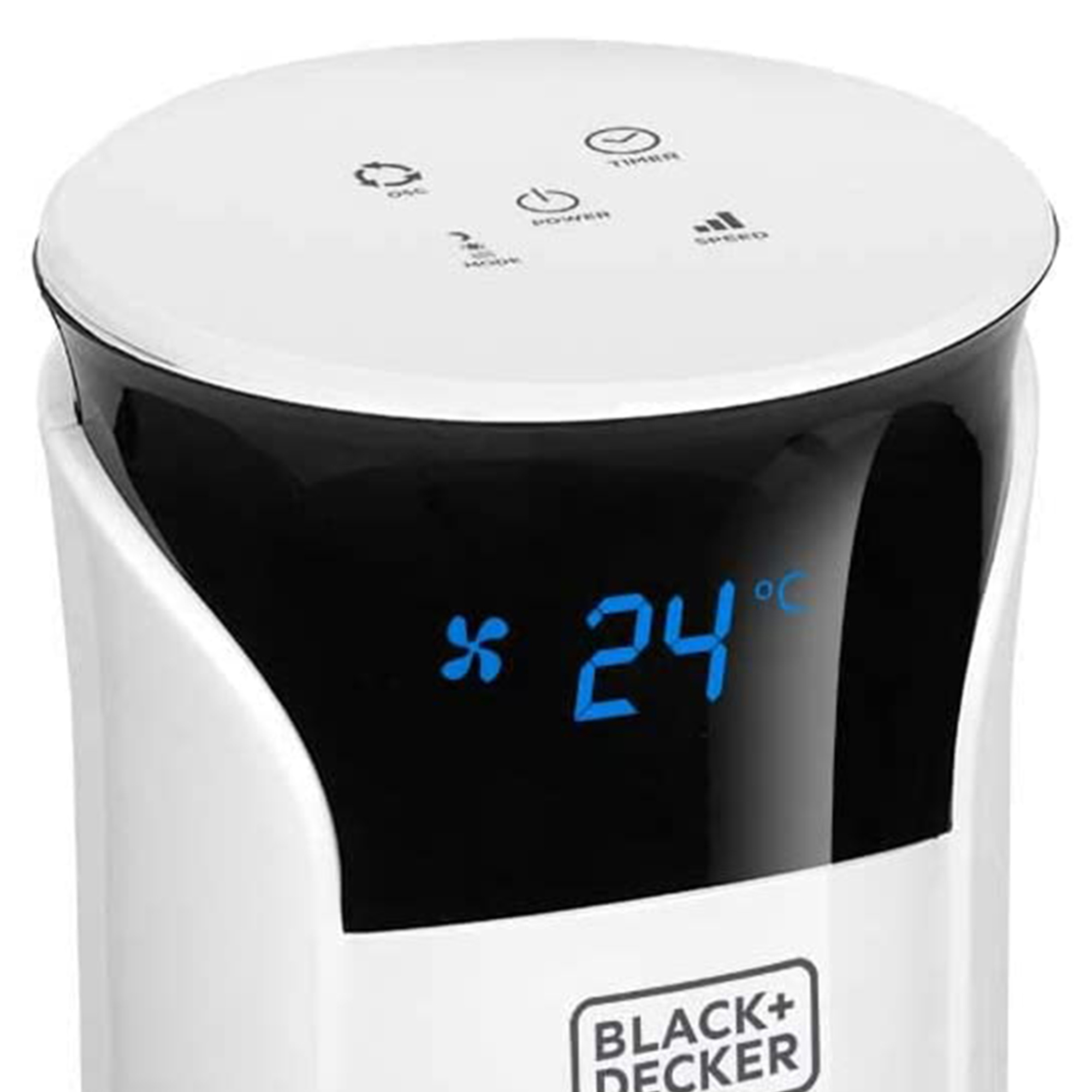 Weißes und schwarzes Gerät, das 24 Grad anzeigt. Power- und Modus-Tasten sichtbar. Black+Decker-Logo.