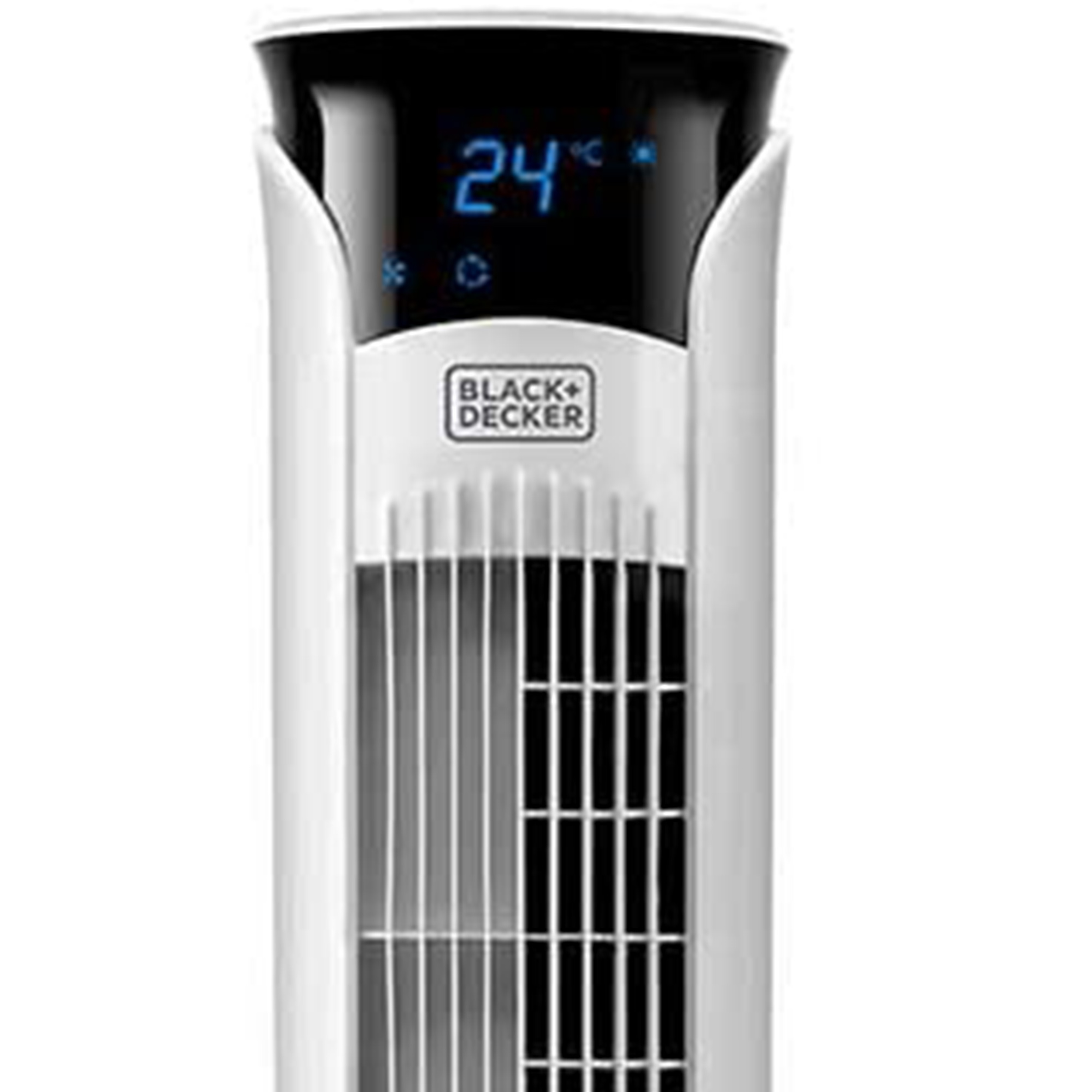 Schwarz-weißer Turmventilator. Digitalanzeige zeigt 24 Grad. Black Decker Logo sichtbar.