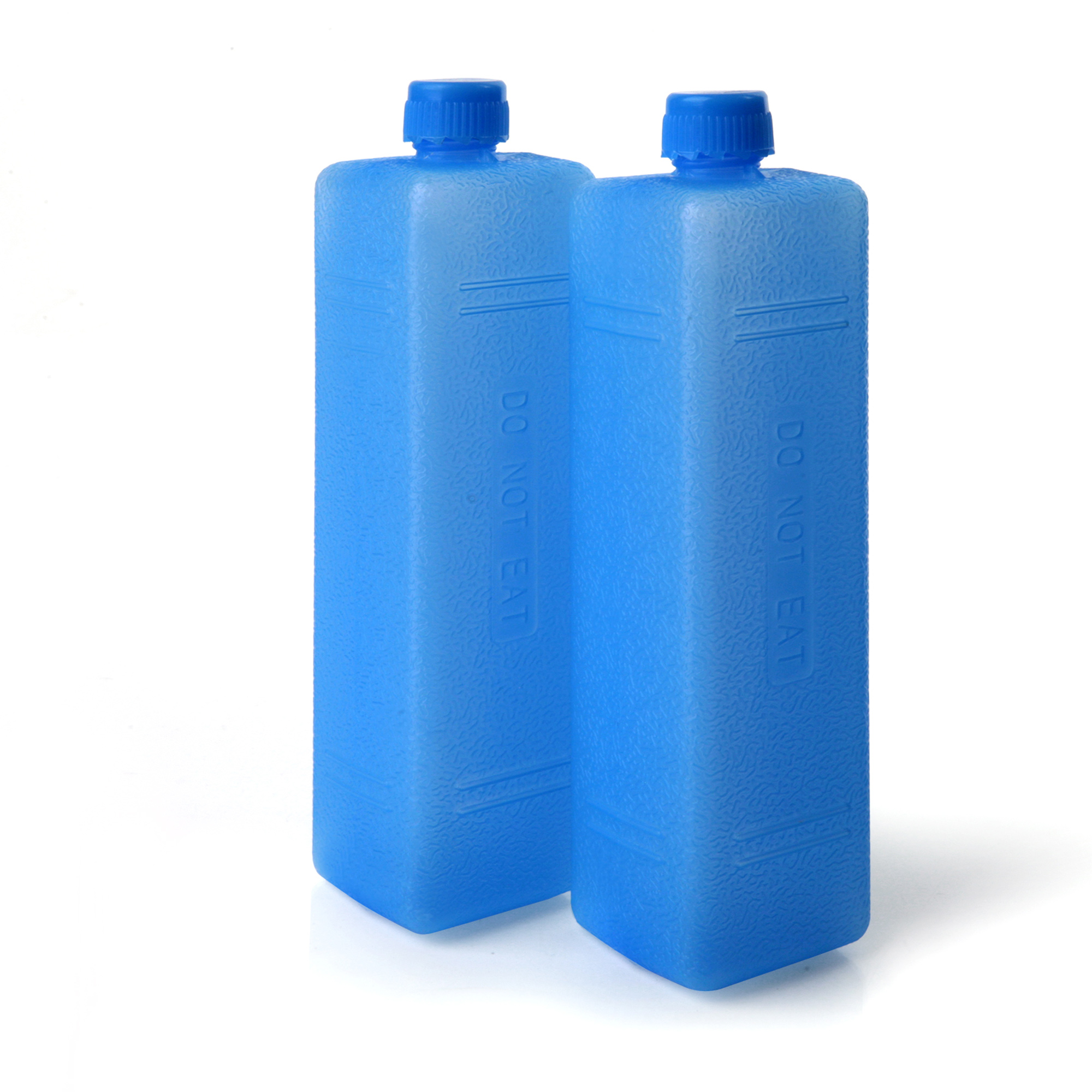 Due confezioni di ghiaccio rettangolari blu con tappi blu su sfondo bianco.