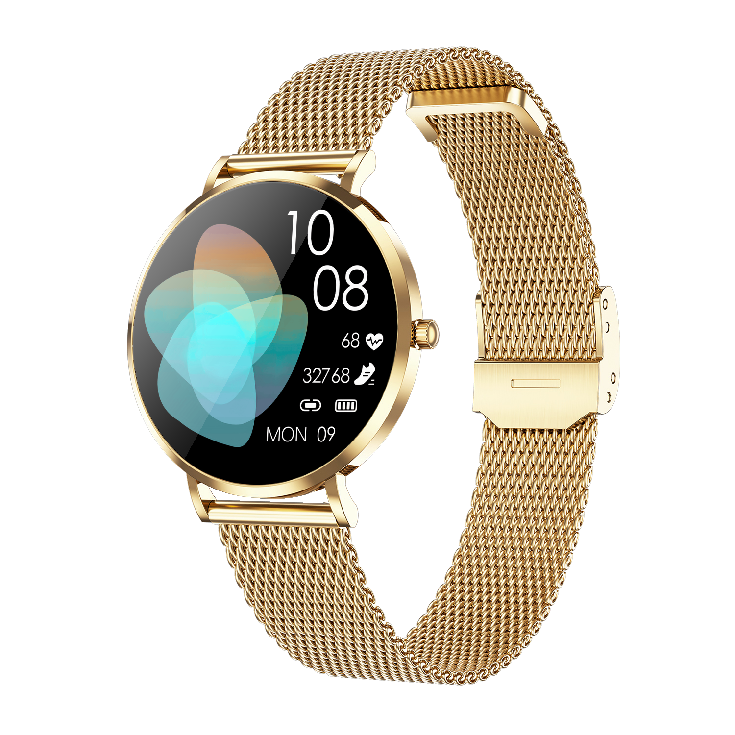 Eine goldene Smartwatch mit Mesh-Armband, zeigt Zeit und Gesundheitsmetriken.