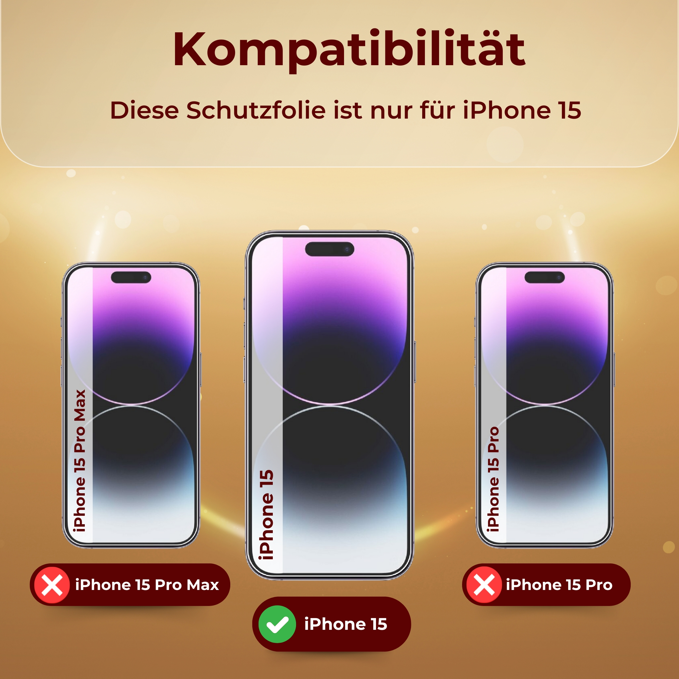 Drei Telefonmodelle werden gezeigt. Das mittlere Modell ist mit einem iPhone 15 kompatibel, die anderen nicht.