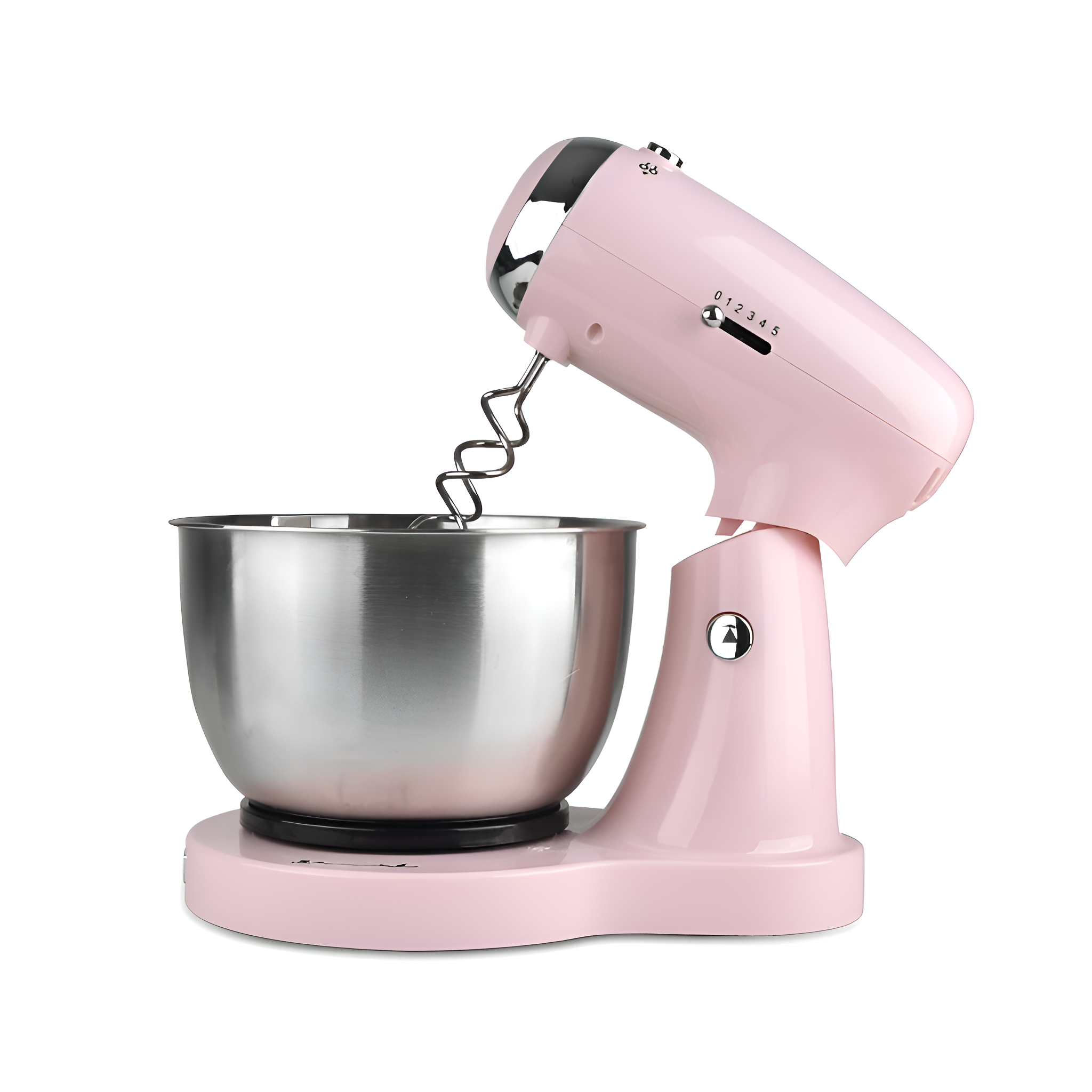 Rosa Küchenmaschine mit silberner Schüssel auf weißem Grund.