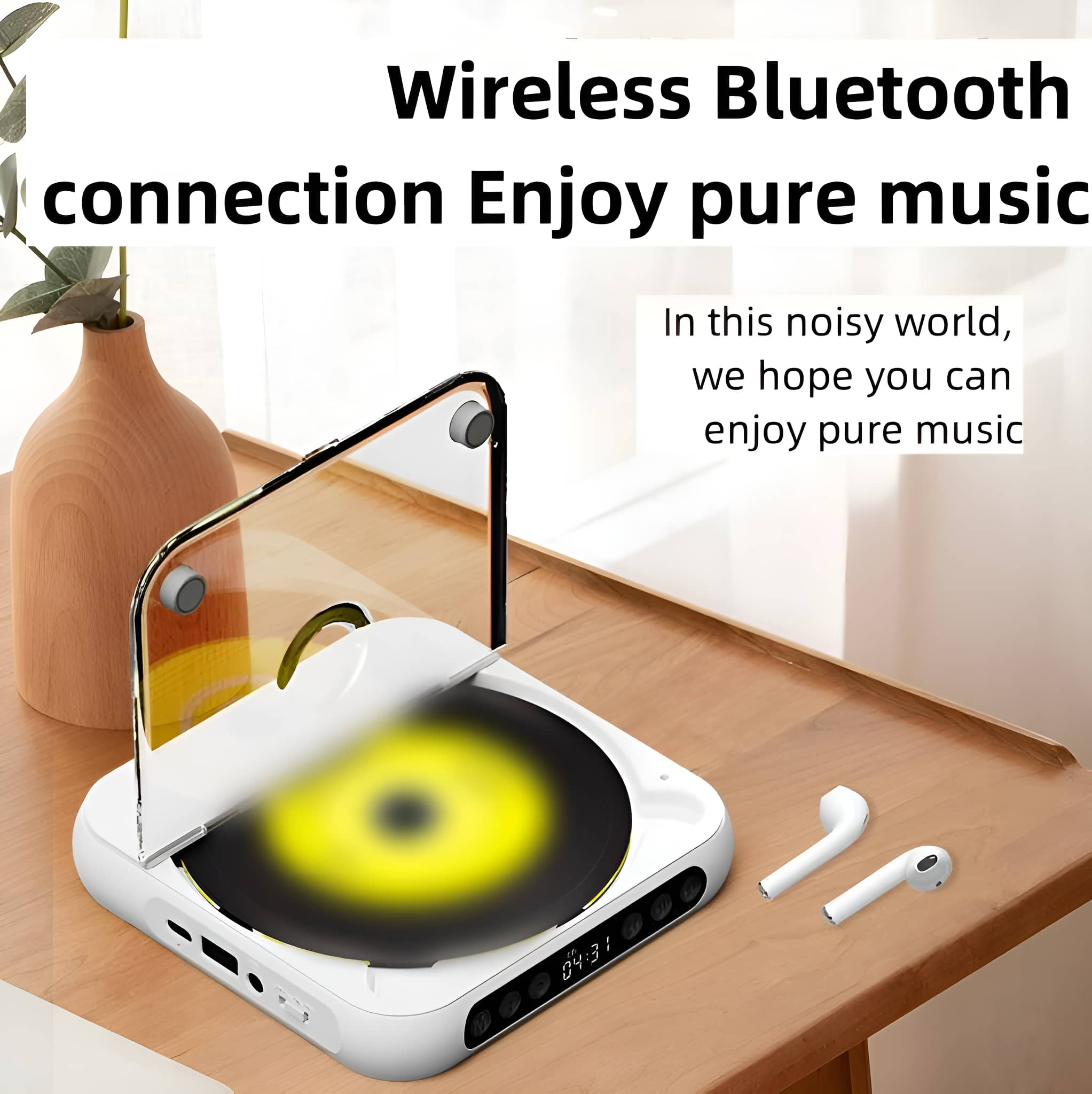 Ein weißer CD-Player mit transparentem Deckel, Kopfhörern und Text: 'Wireless Bluetooth connection Enjoy pure music'.