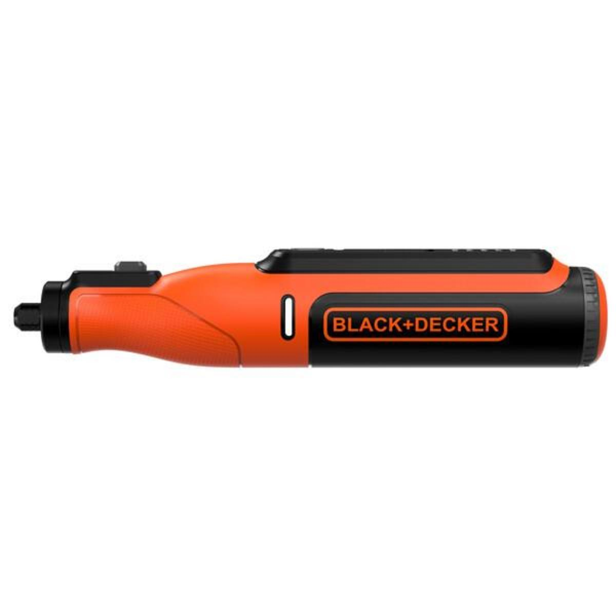 Oranger und schwarzer Akku-Schraubendreher mit dem Markennamen BLACK+DECKER.