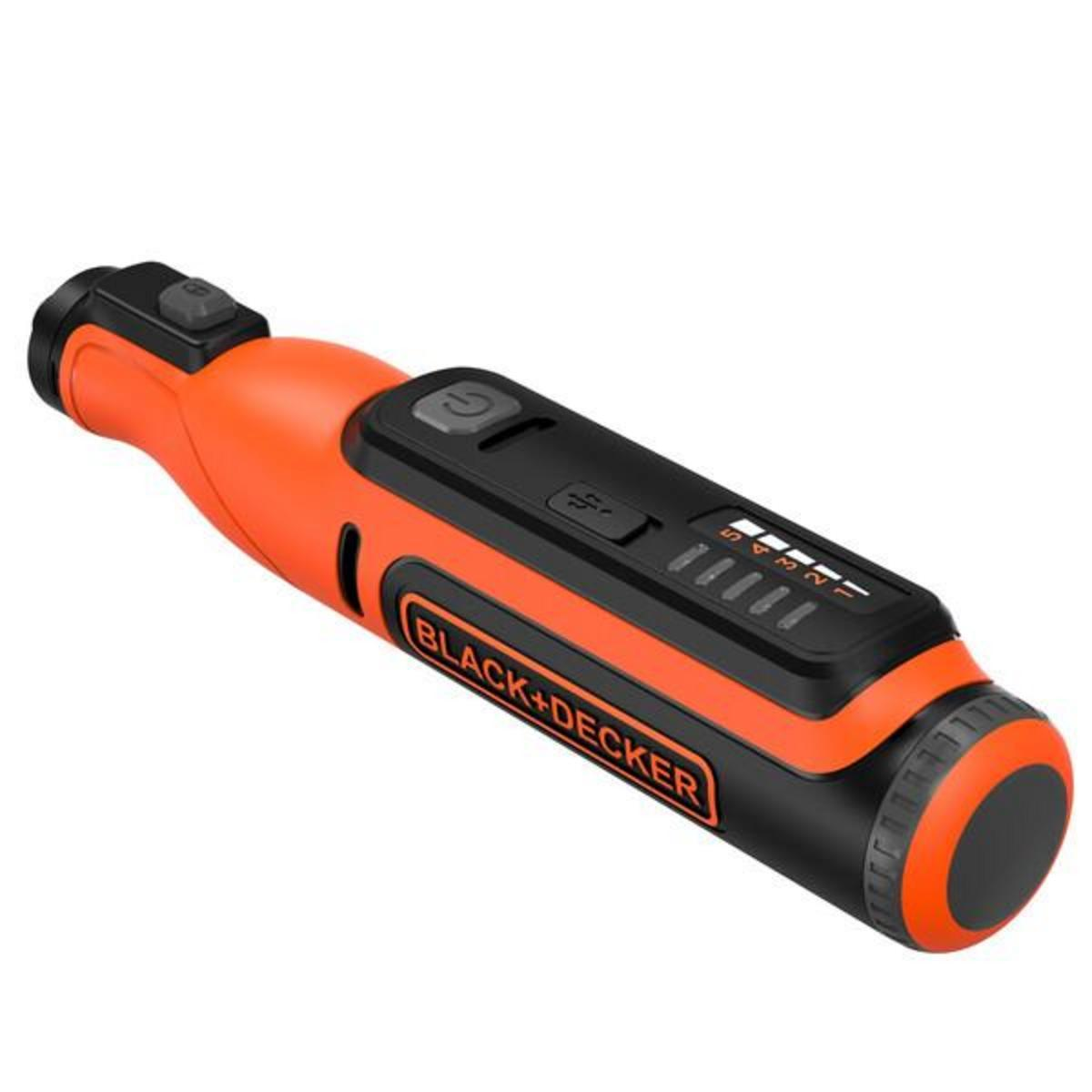 Orangenes und schwarzes Black+Decker Elektrowerkzeug. Mit Ein-/Ausschalter und Leistungsanzeigen.