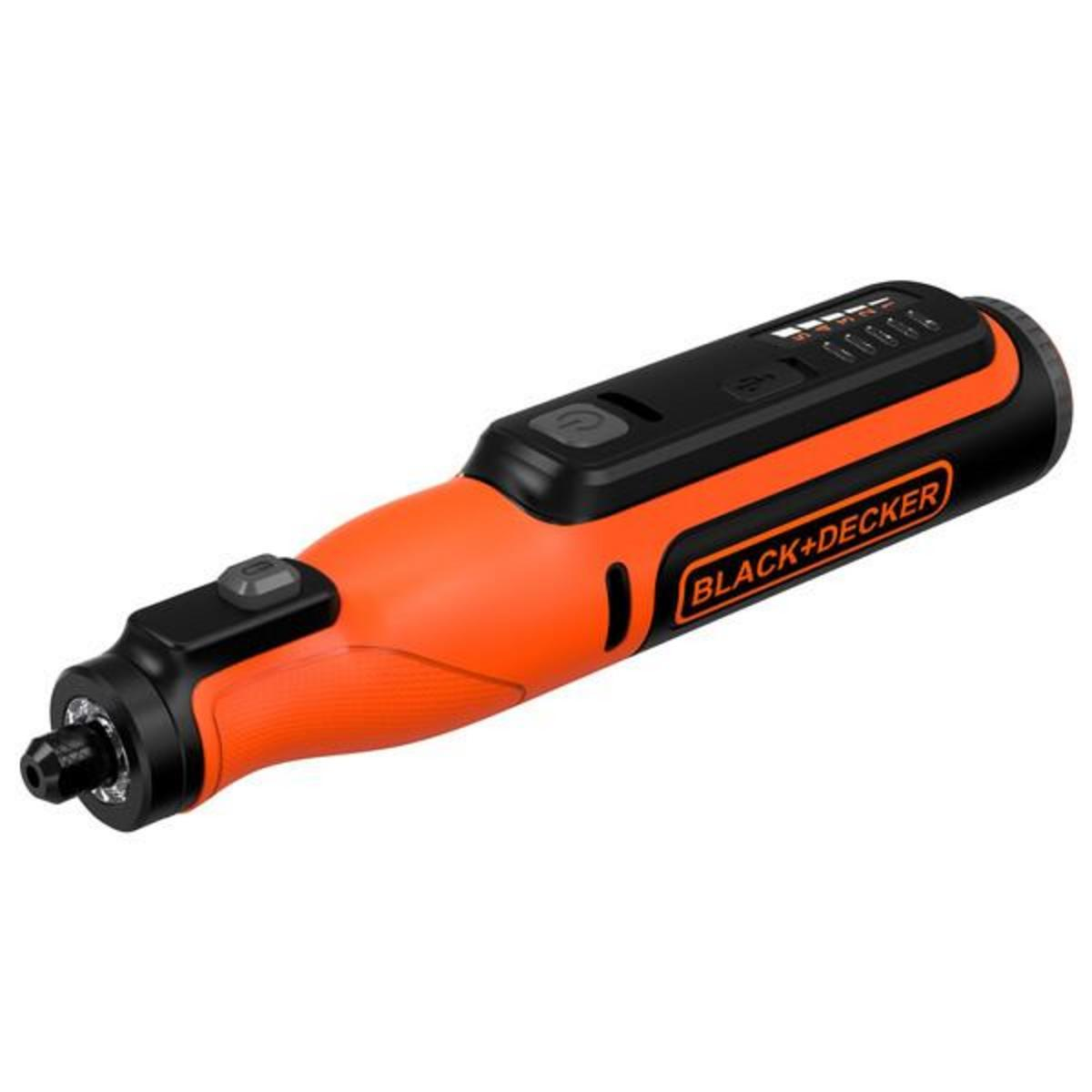 Orangefarbener und schwarzer Akku-Schraubendreher mit der Aufschrift 'BLACK+DECKER' an der Seite.