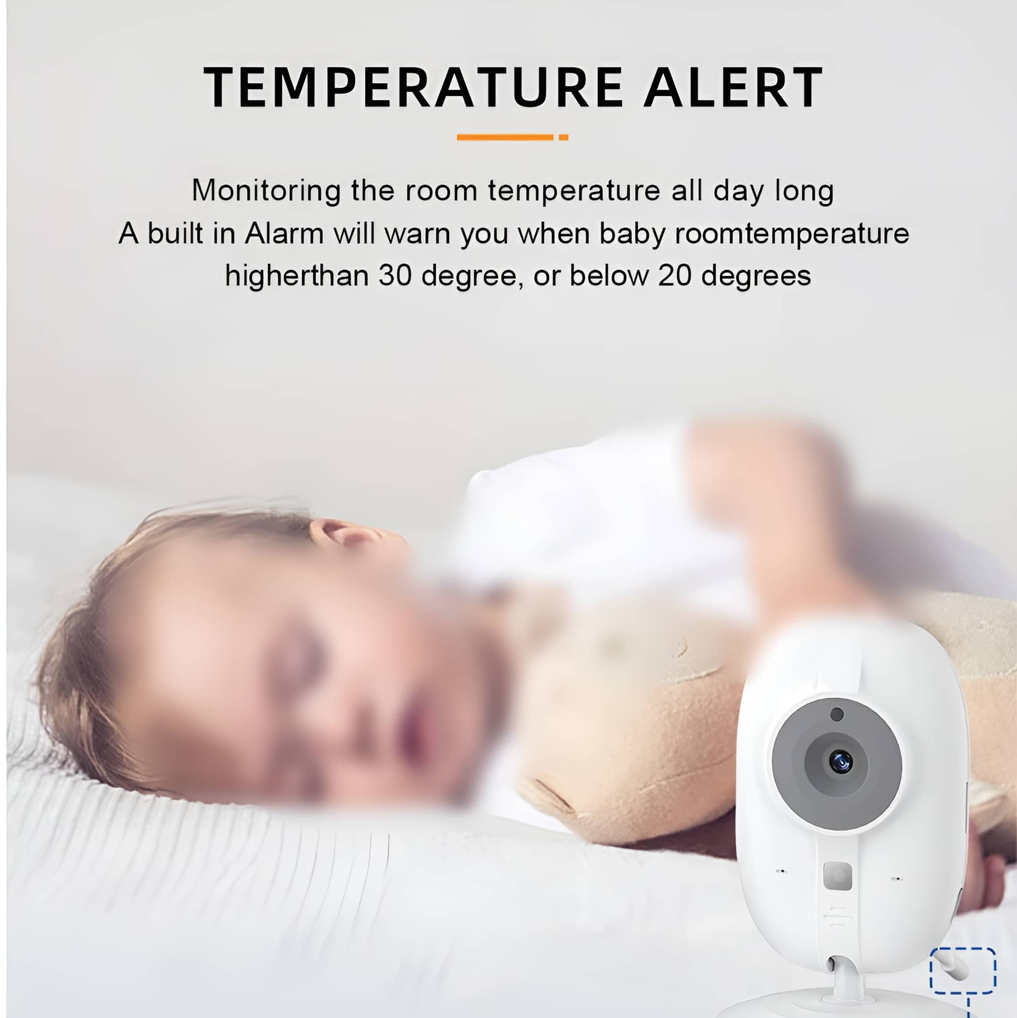 Weißer Babyphone mit schlafendem Baby im Hintergrund. Text: Temperature Alert.