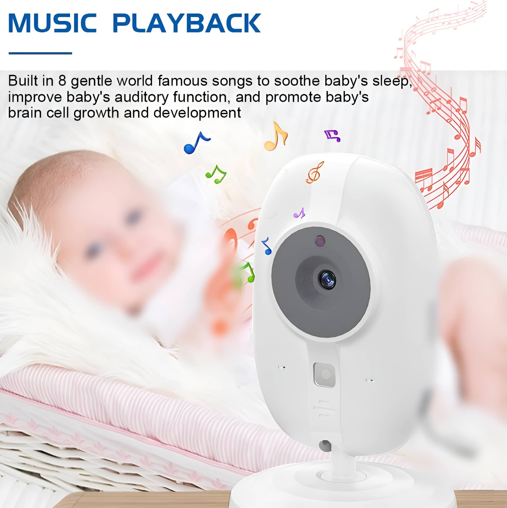 Ein weißer Babyphone mit Kamera. Es hat Noten darum und ein Baby im Hintergrund.