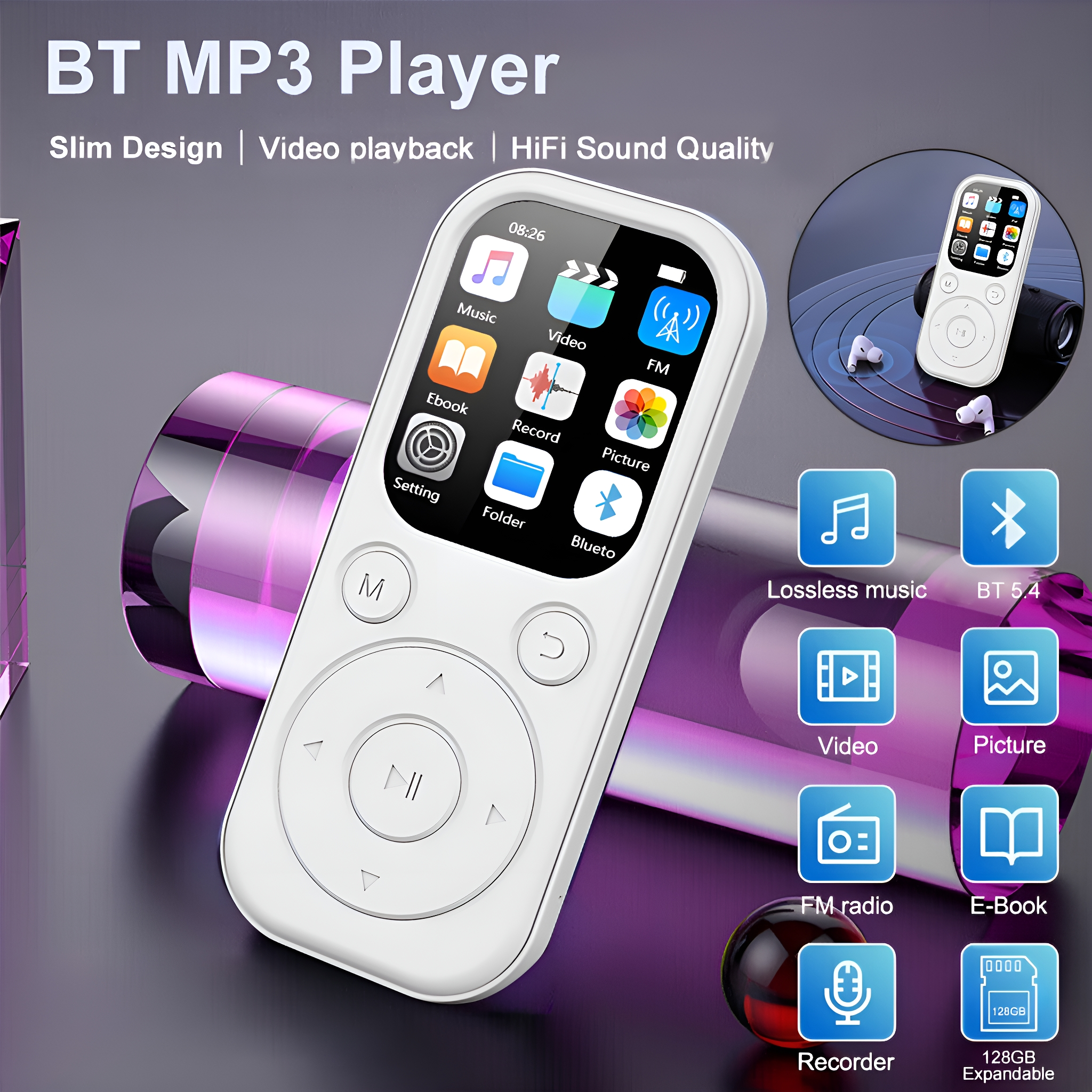 Ein weißer BT MP3-Player mit Symbolen auf dem Bildschirm und einer Reihe von Symbolen darum herum.