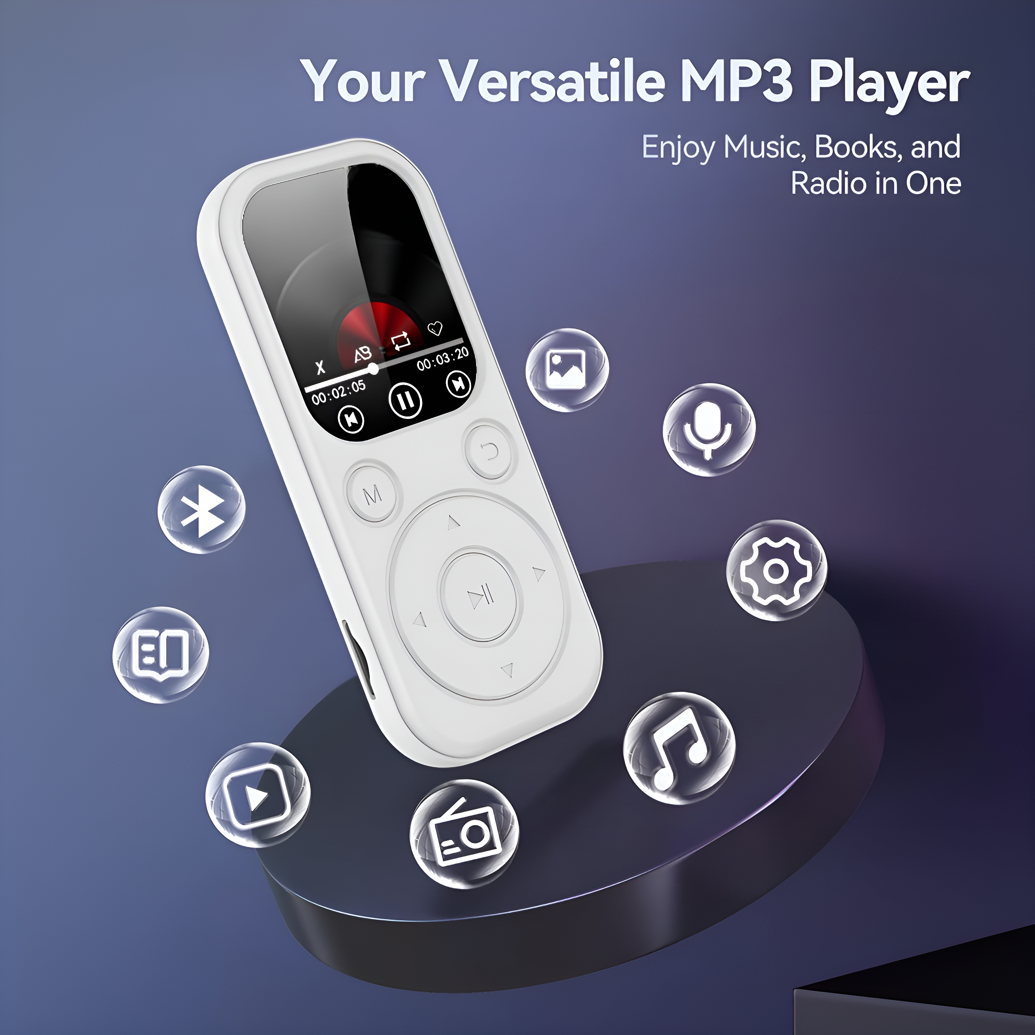 Weißer MP3-Player mit verschiedenen Symbolen auf einem dunkelblauen Ständer, mit Text: Ihr vielseitiger MP3-Player.
